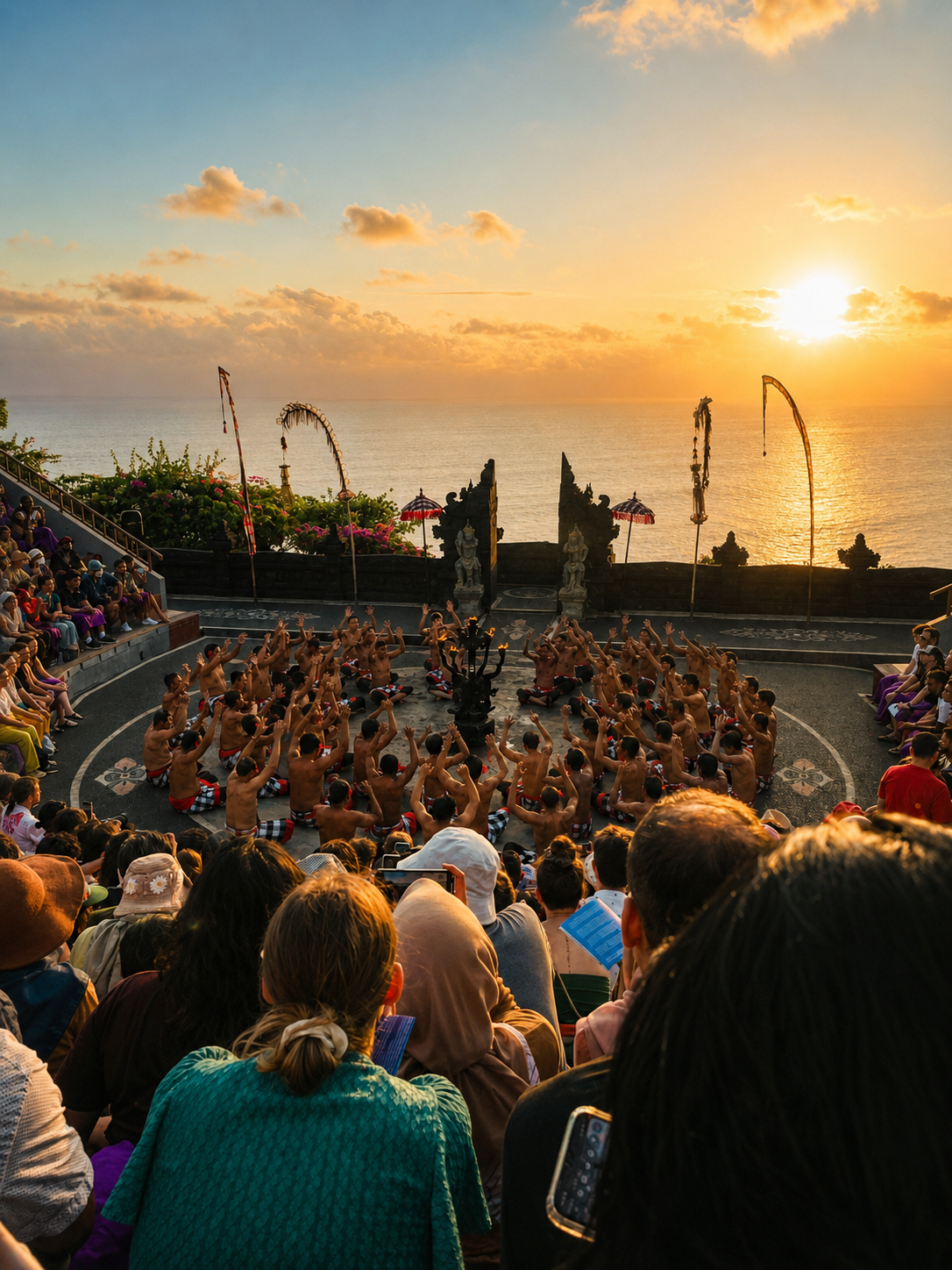 Pertunjukan Tari Kecak di Uluwatu dengan latar matahari terbenam