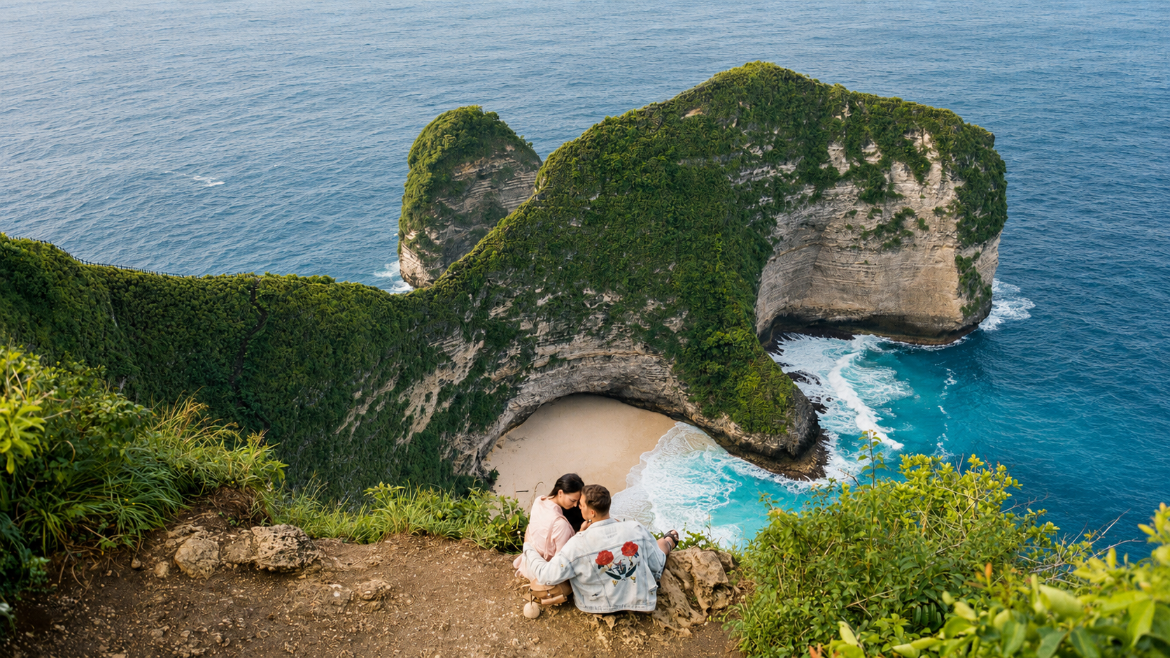 Pasangan menikmati pemandangan pantai dan tebing saat liburan di Nusa Penida, Bali