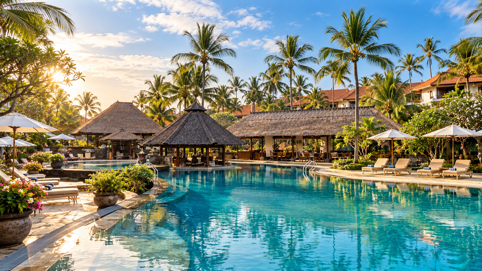 Suasana resor tropis bergaya Bali dengan kolam renang, pepohonan kelapa, dan area bersantai saat sore hari