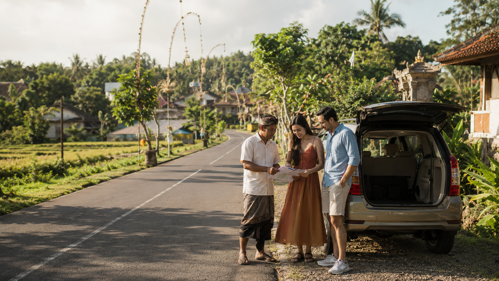 Traveler dan pemandu lokal merencanakan rute one day trip di samping kendaraan di Bali