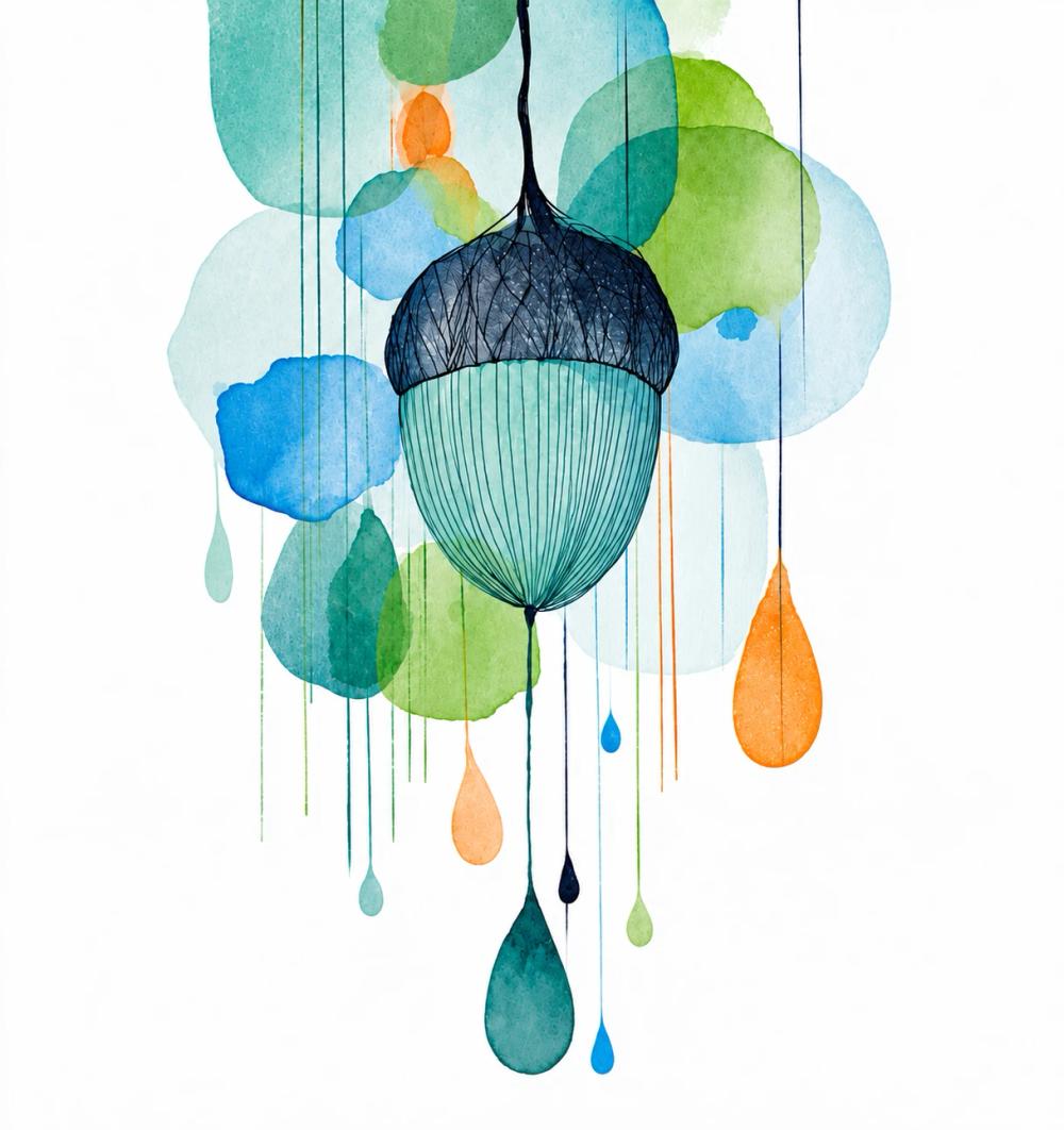 Watercolor illustration of an acorn hanging among drops of color
