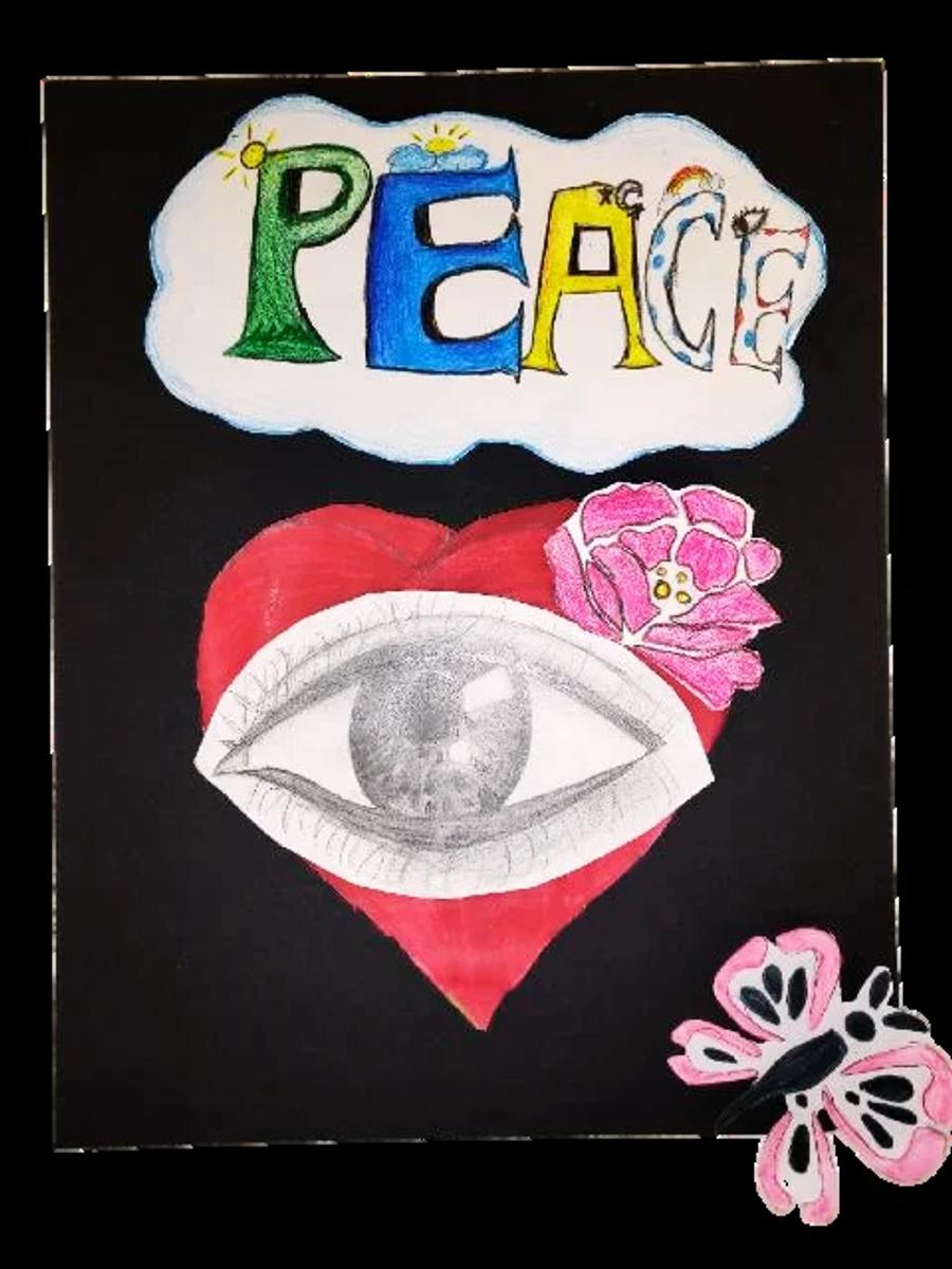 Student artwork: the word “Peace” above a drawn eye