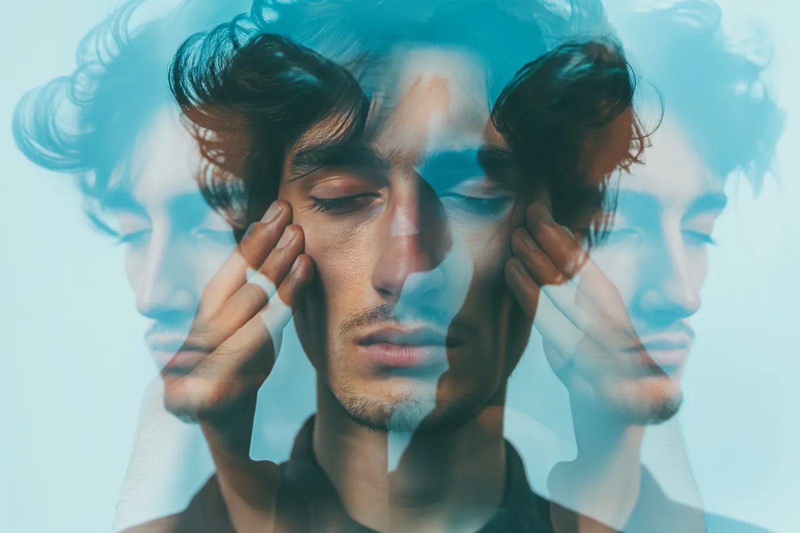 Hombre frente a fondo azul reflejado en dos imágenes opuestas, ilustrando la dualidad emocional del trastorno bipolar.