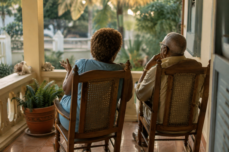 Dos personas conversan sentadas lado a lado en la galería de una casa, al atardecer