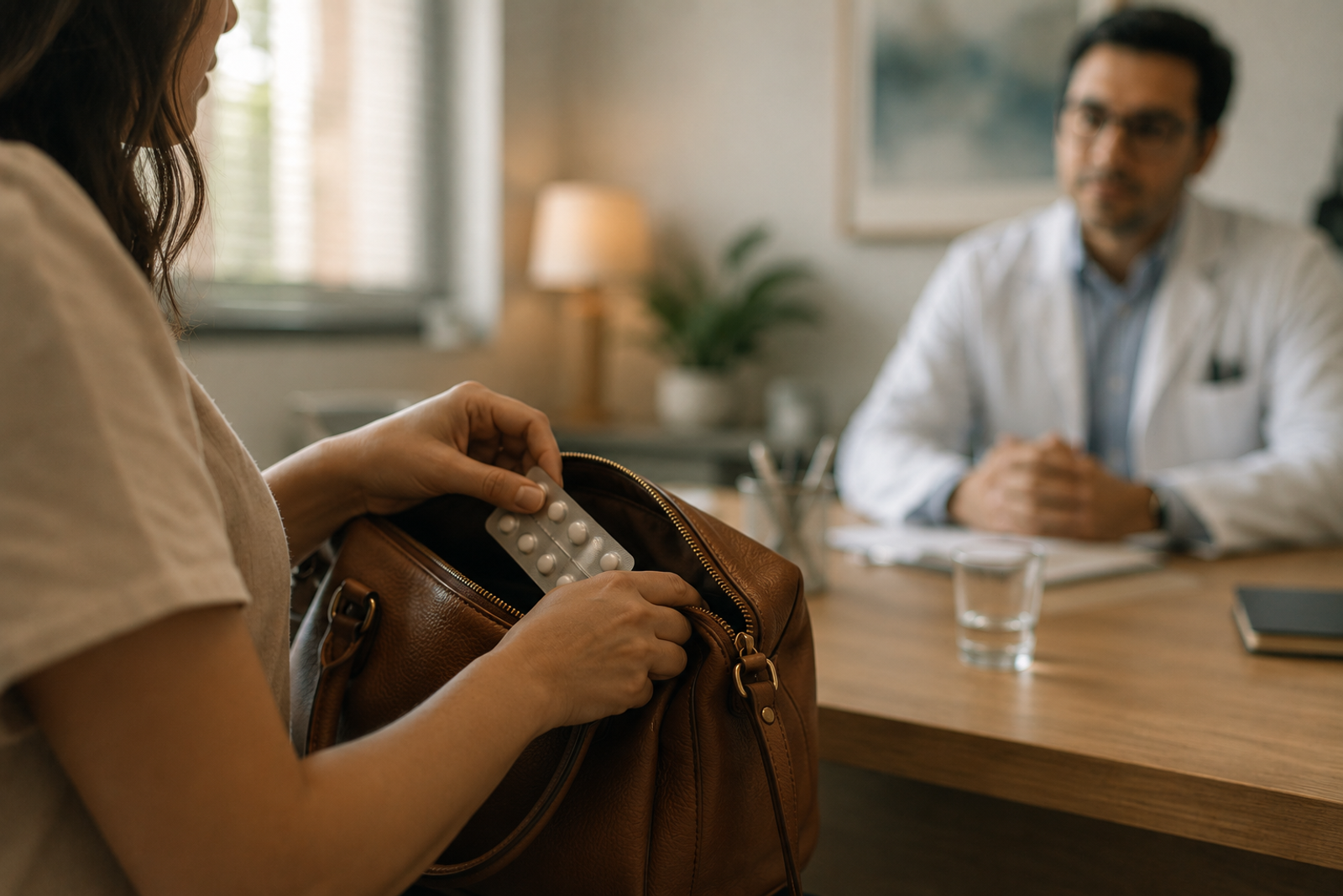 Una paciente saca un blíster de pastillas de su cartera en la consulta con su psiquiatra