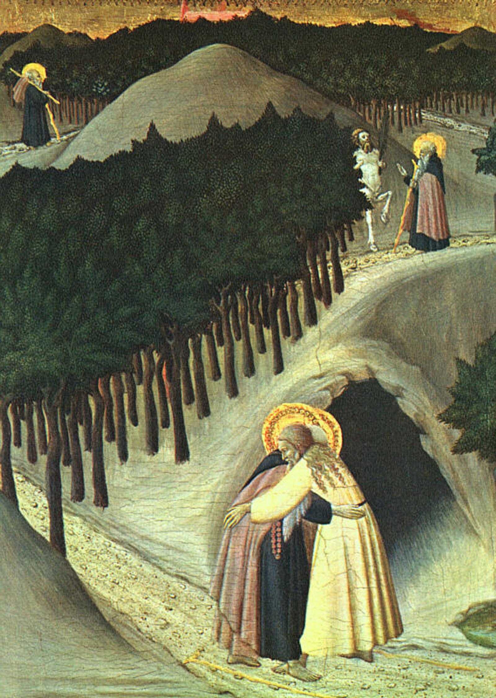 Pintura de Sassetta: o abraço do encontro entre Santo Antão e São Paulo Eremita no deserto.