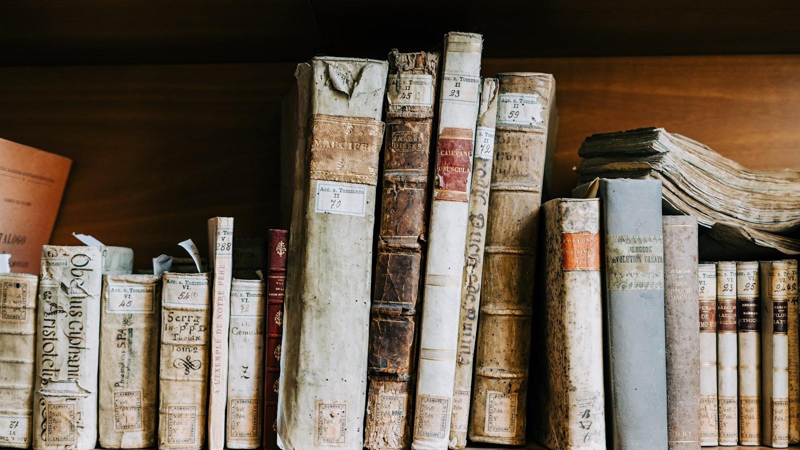 Livros antigos de capa de pergaminho enfileirados numa estante de madeira