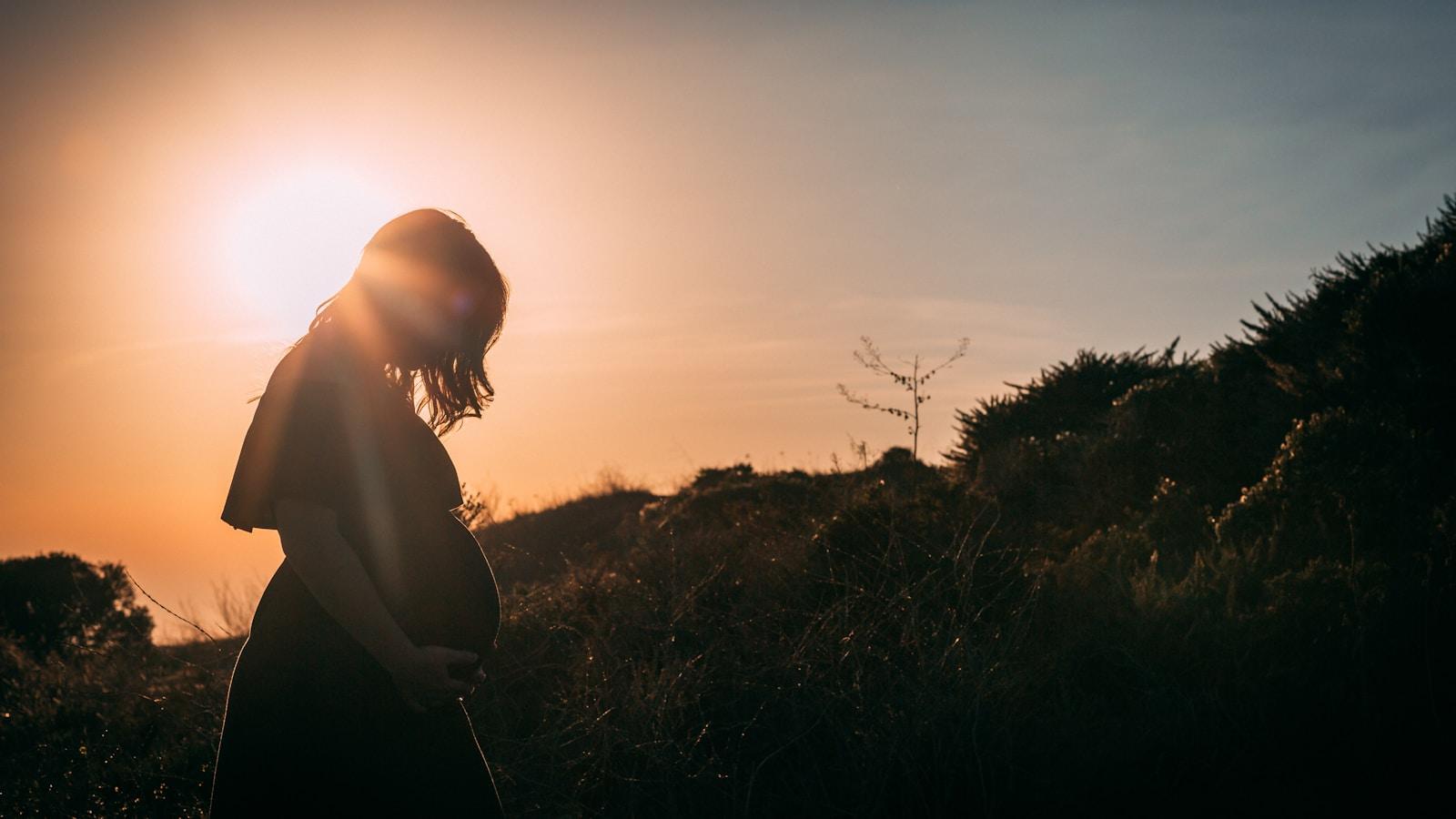 Silhueta de mulher grávida com as mãos na barriga, ao pôr do sol num campo