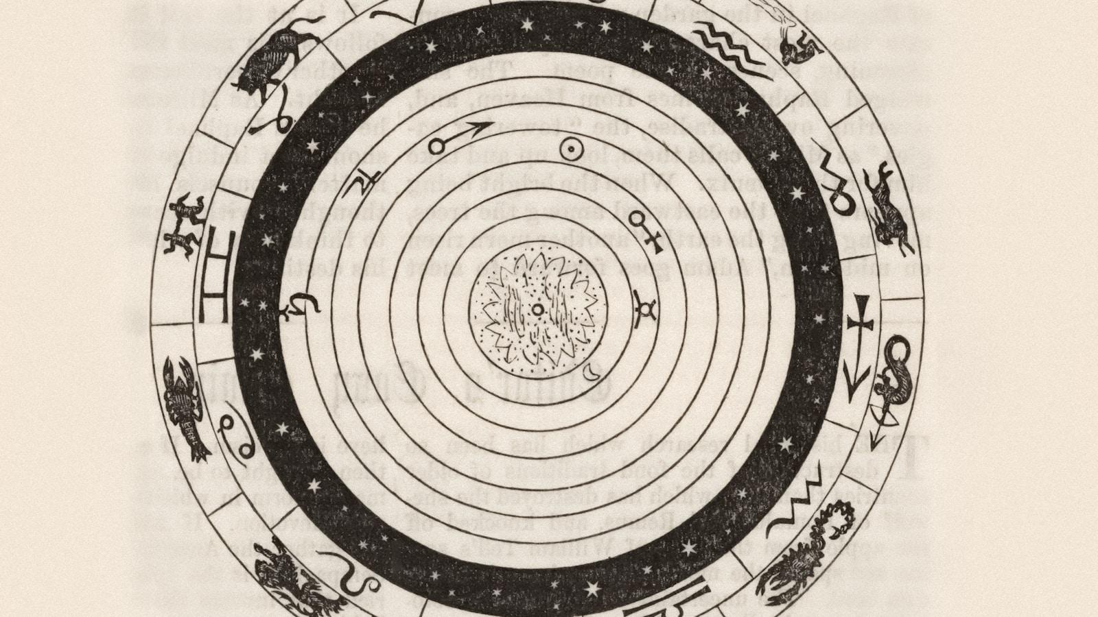 Gravura antiga de um diagrama cósmico com os signos do zodíaco ao redor