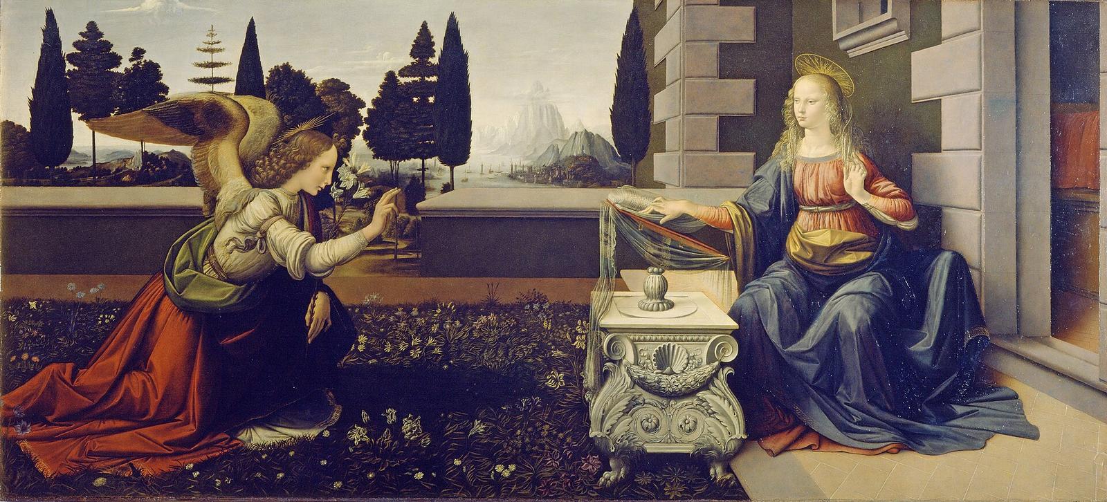 A Anunciação de Leonardo da Vinci: o anjo ajoelhado no jardim saúda Maria, sentada junto ao livro.