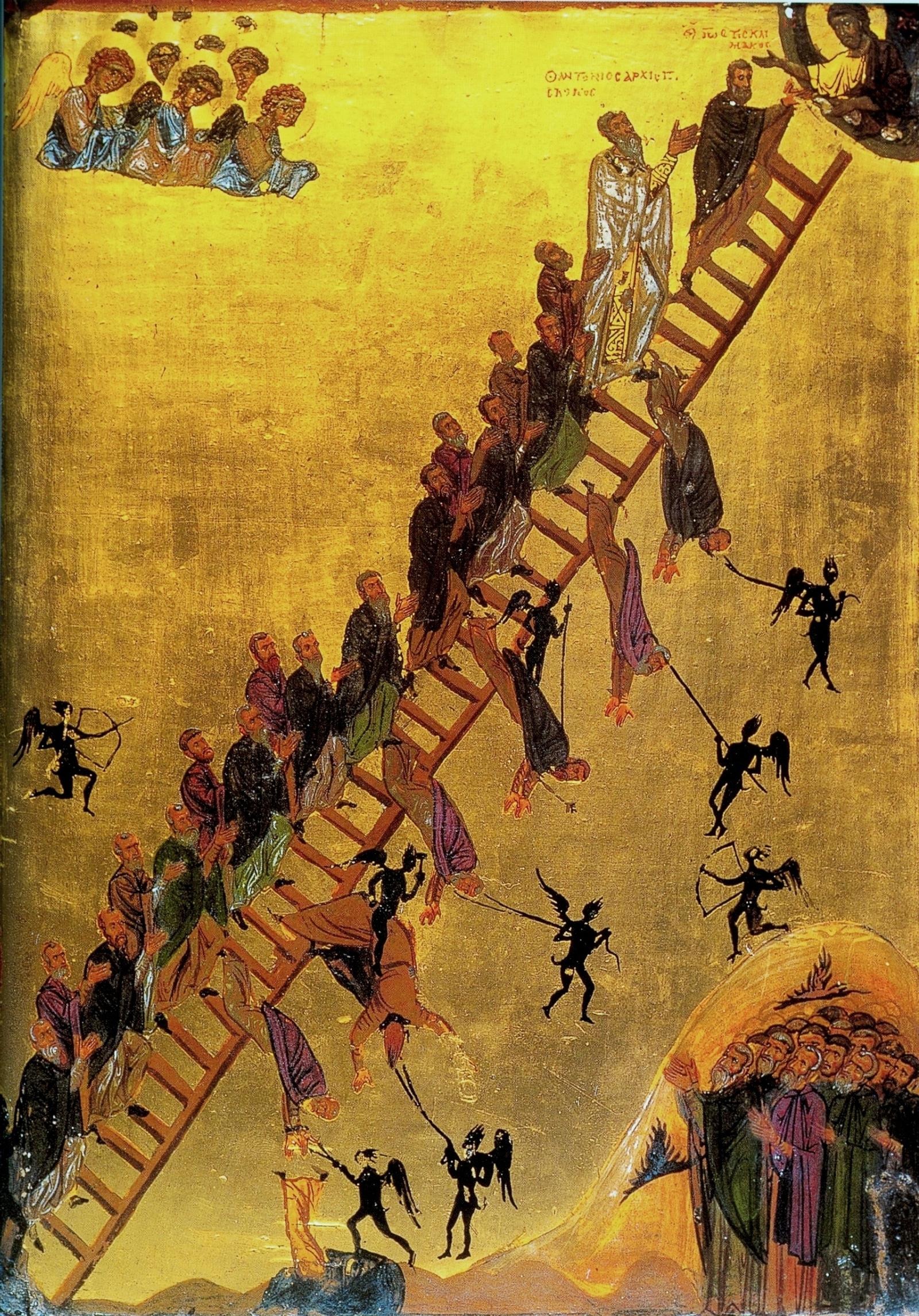 Ícone da Escada da Divina Ascensão: monges sobem a escada ao Cristo enquanto demônios tentam derrubá-los.