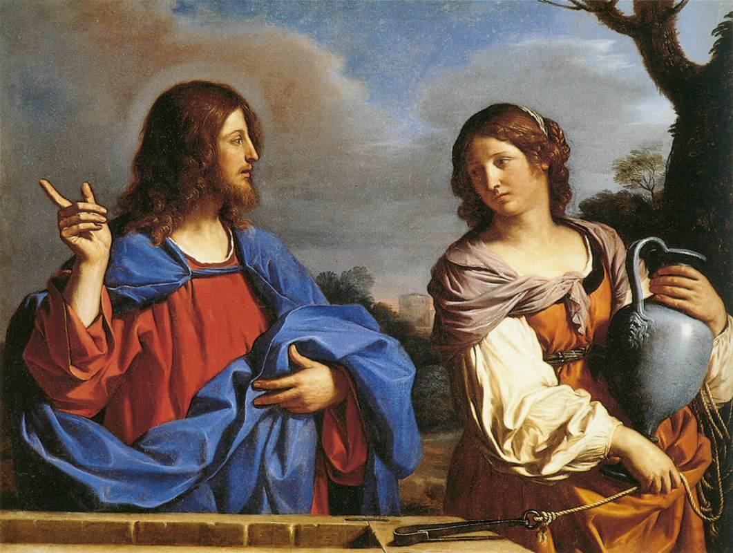 Pintura de Guercino: Jesus conversa com a samaritana junto ao poço, apontando para o alto.