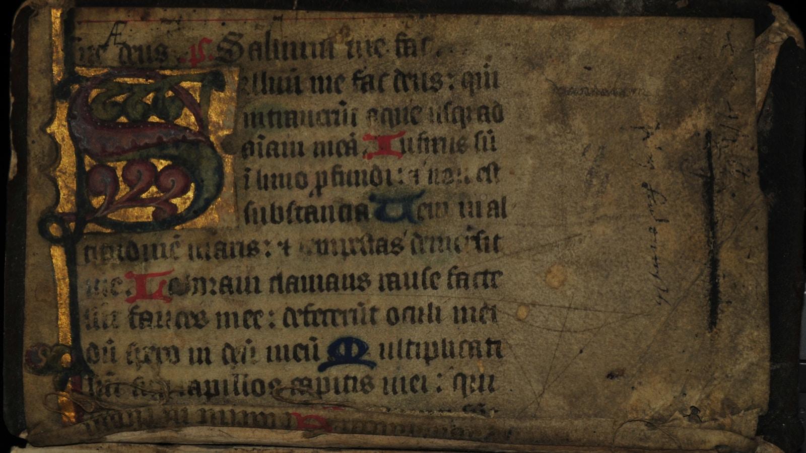 Página de pergaminho medieval com letra capitular iluminada em ouro, verde e vermelho e texto gótico