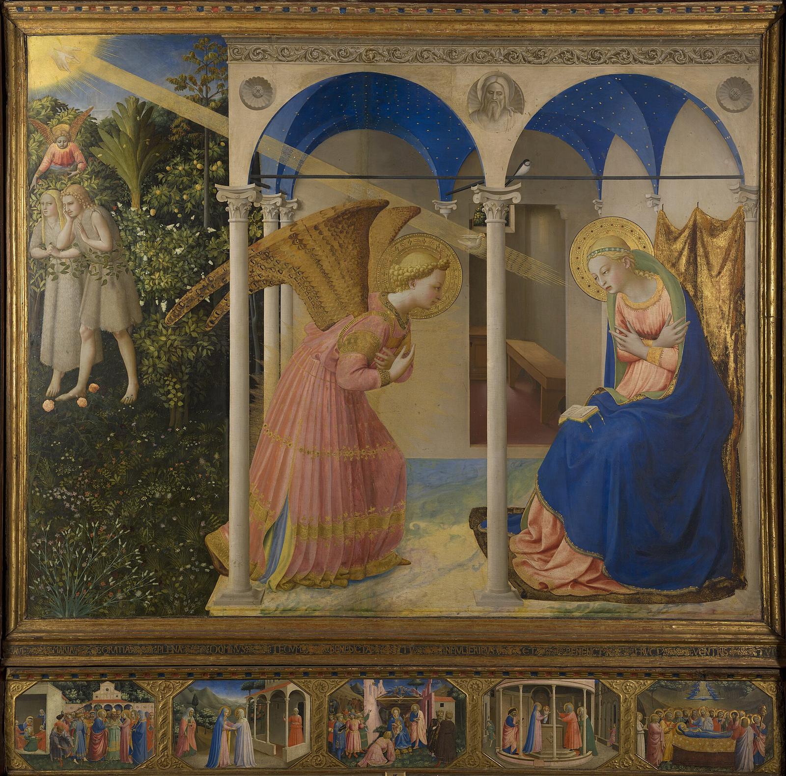 A Anunciação de Fra Angelico: o anjo Gabriel saúda Maria sob as arcadas, com a expulsão do Éden ao fundo.