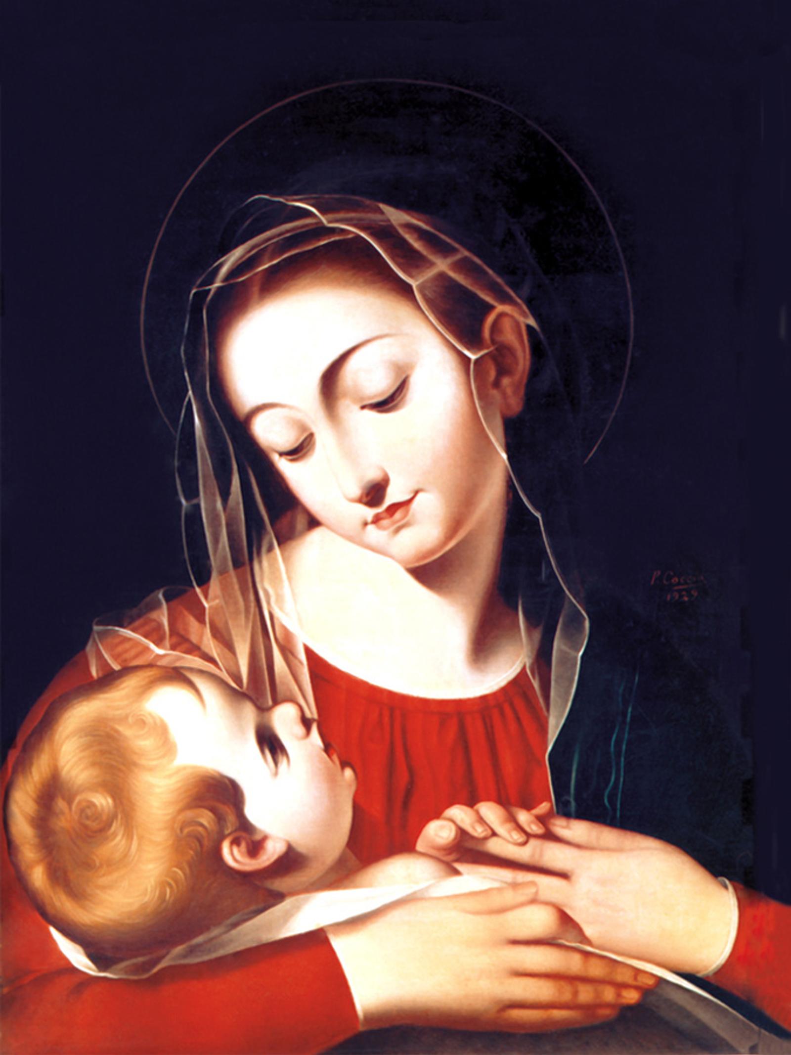 Nossa Senhora da Divina Providência: Maria inclina o rosto sobre o Menino Jesus adormecido em seus braços.