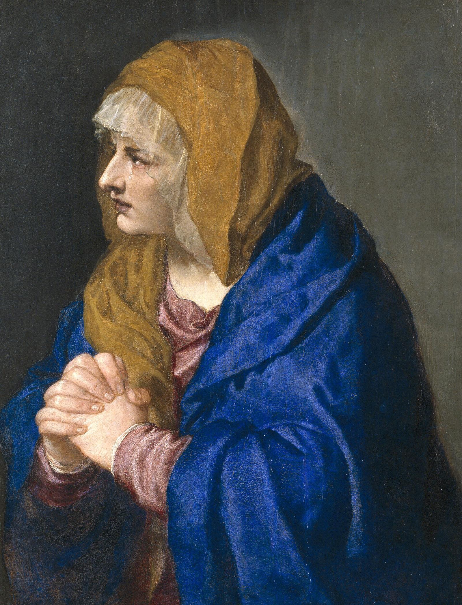 Mater Dolorosa de Ticiano: Maria de manto azul, mãos postas e lágrima no rosto.
