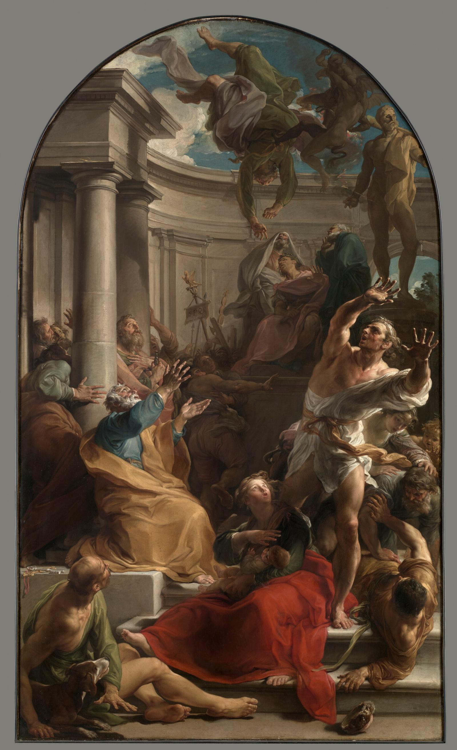 Pintura barroca da queda de Simão Mago, que despenca do céu diante da multidão.