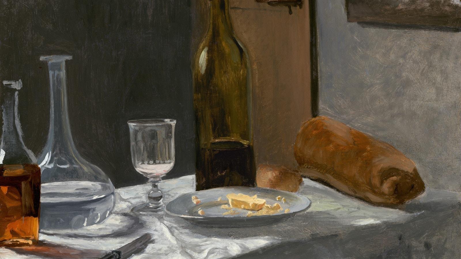 Pintura de natureza-morta com garrafa de vinho, copo, pão e prato sobre uma mesa