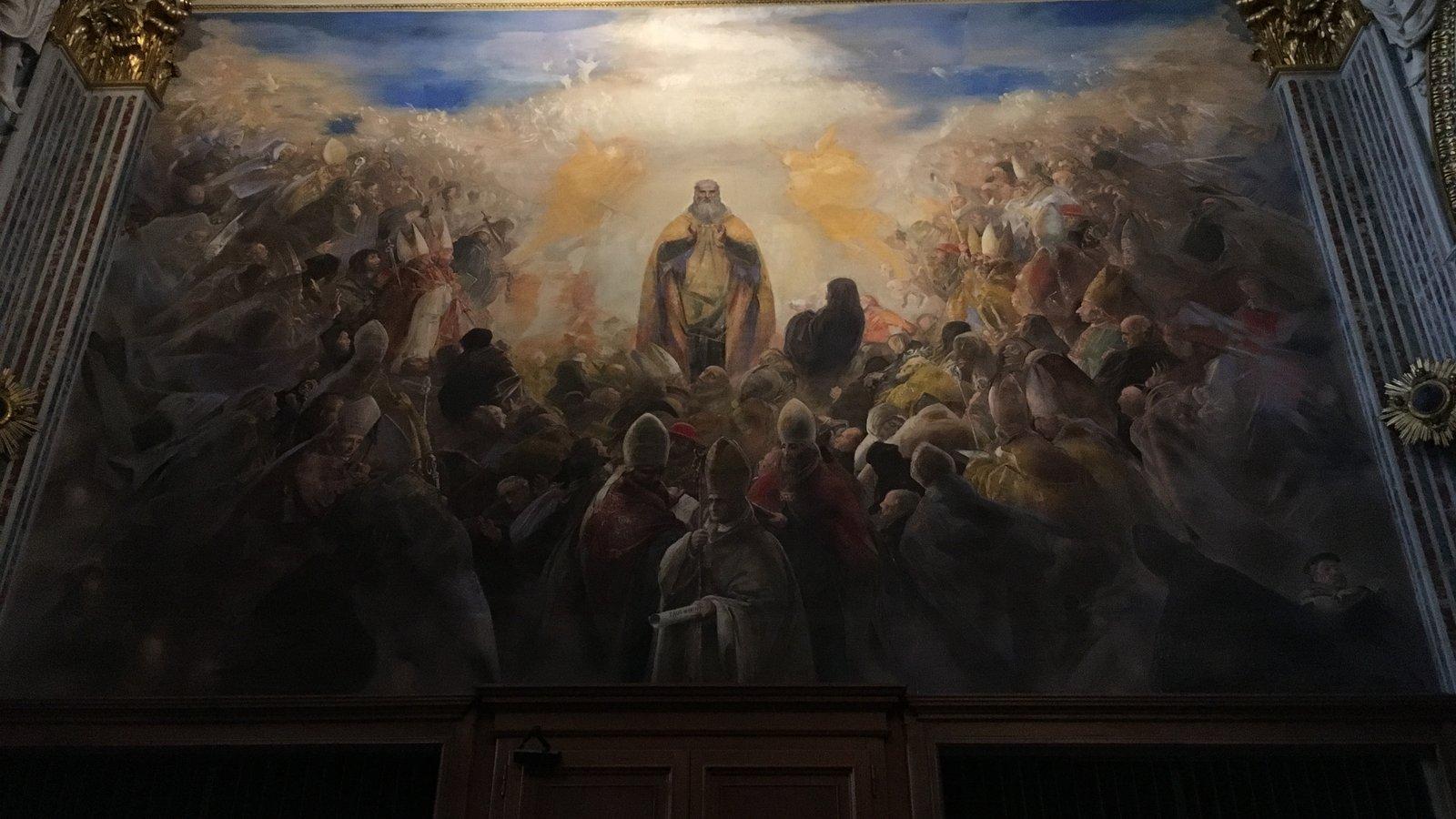Pintura da glória celeste, com santos e anjos ao redor do trono de Deus