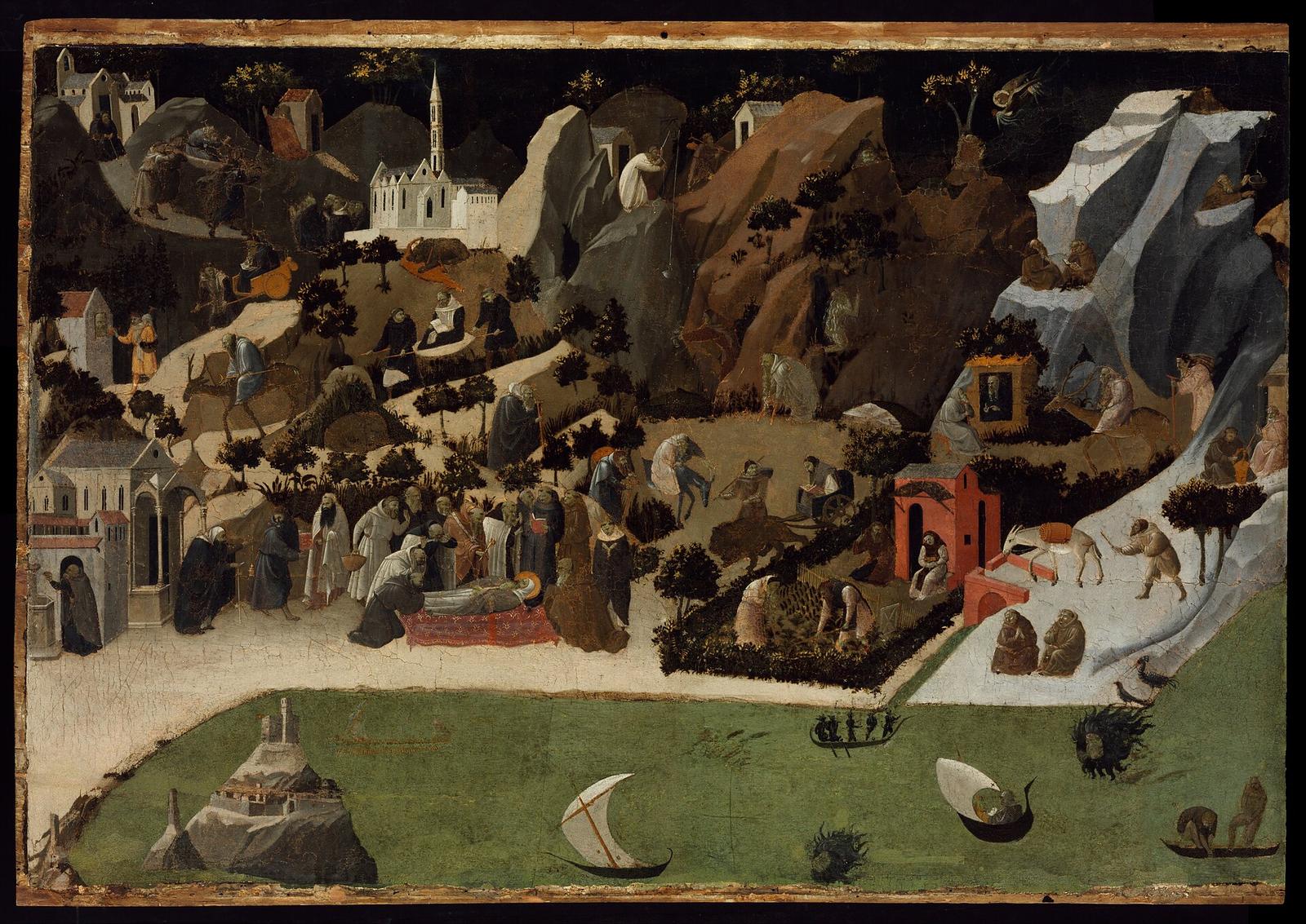 A Tebaida de Fra Angelico: dezenas de monges do deserto em oração, trabalho e hospitalidade entre as colinas.