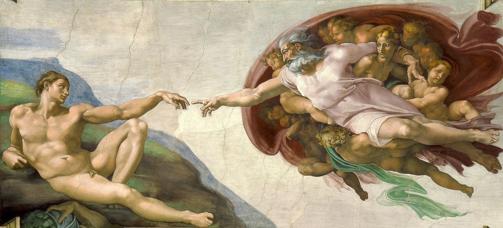 Detalhe da Criação de Adão, de Michelangelo: as mãos de Deus e de Adão prestes a se tocar.