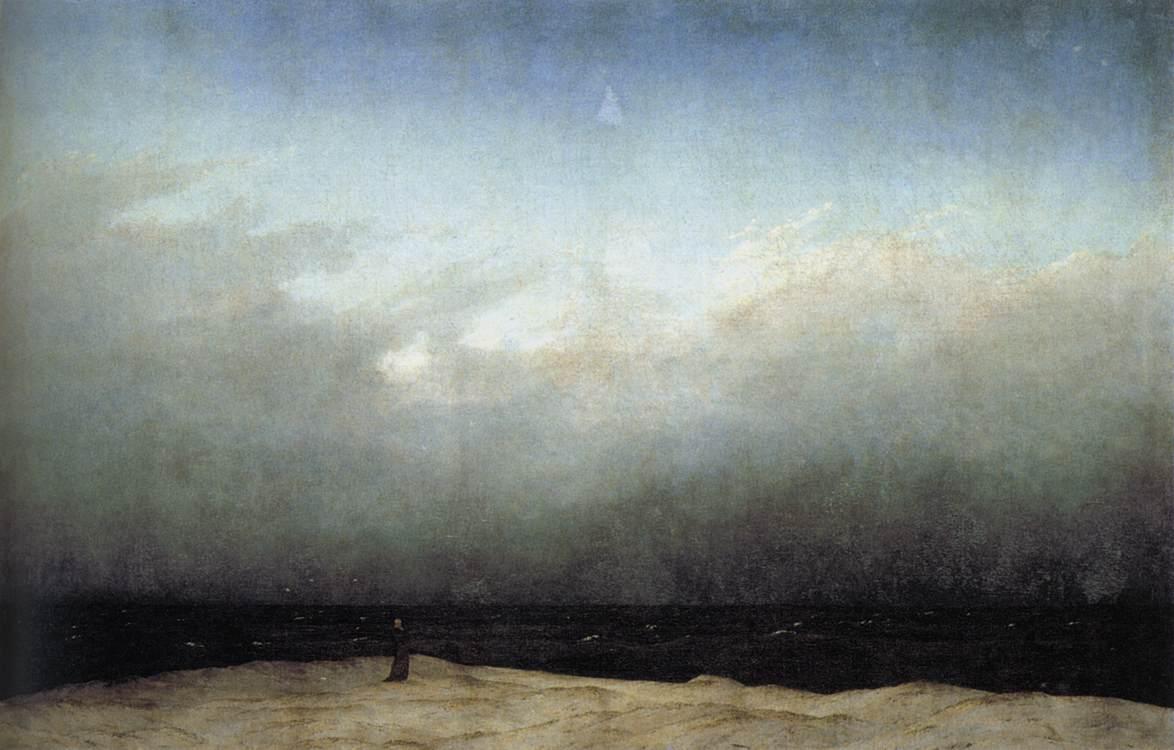 O Monge à Beira-Mar, de Friedrich: uma figura solitária diante da imensidão do mar e do céu.
