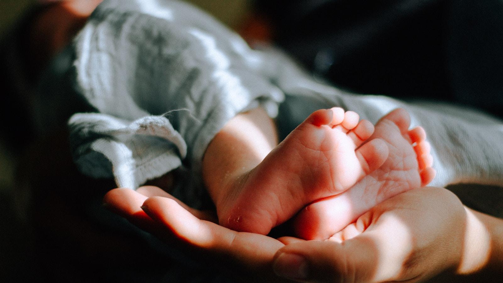 Pés de um bebê recém-nascido segurados nas mãos da mãe