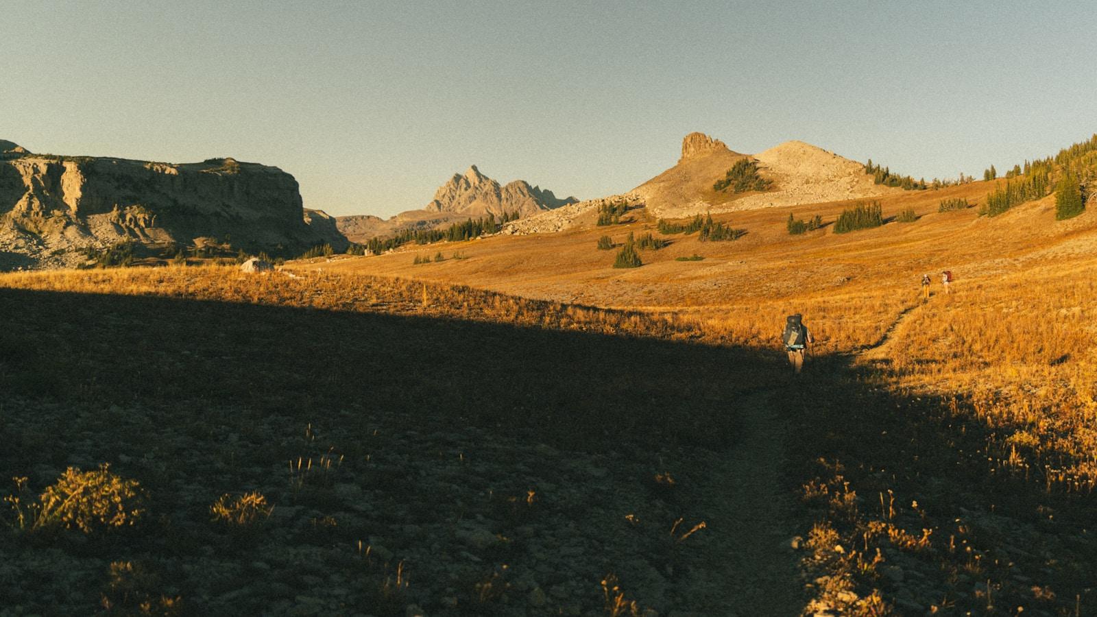 Caminhante com mochila numa trilha que atravessa um campo dourado rumo às montanhas, ao entardecer