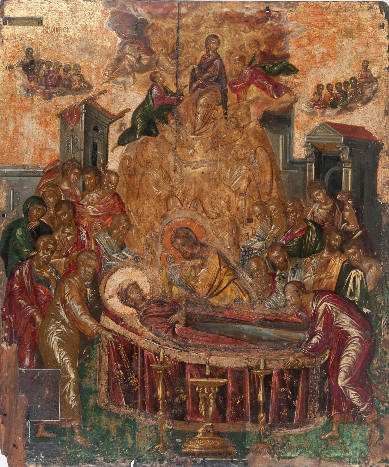 Ícone da Dormição da Virgem: os apóstolos rodeiam o leito de Maria enquanto Cristo acolhe sua alma.