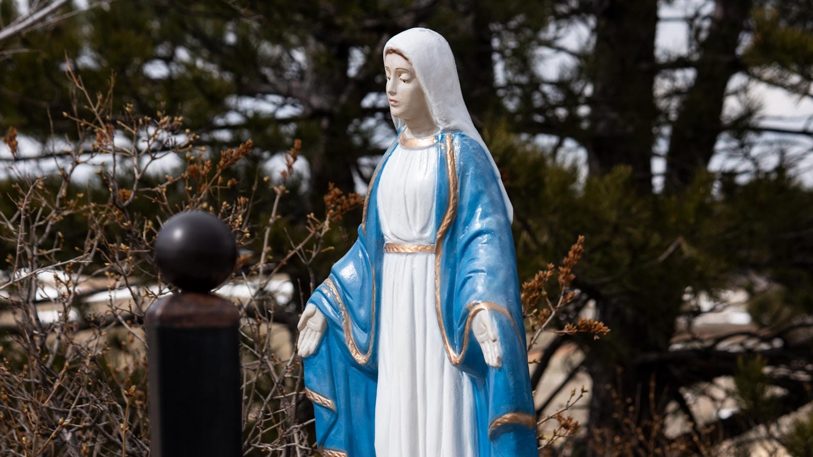 Estátua de Nossa Senhora com manto azul e túnica branca, de mãos abertas, entre pinheiros