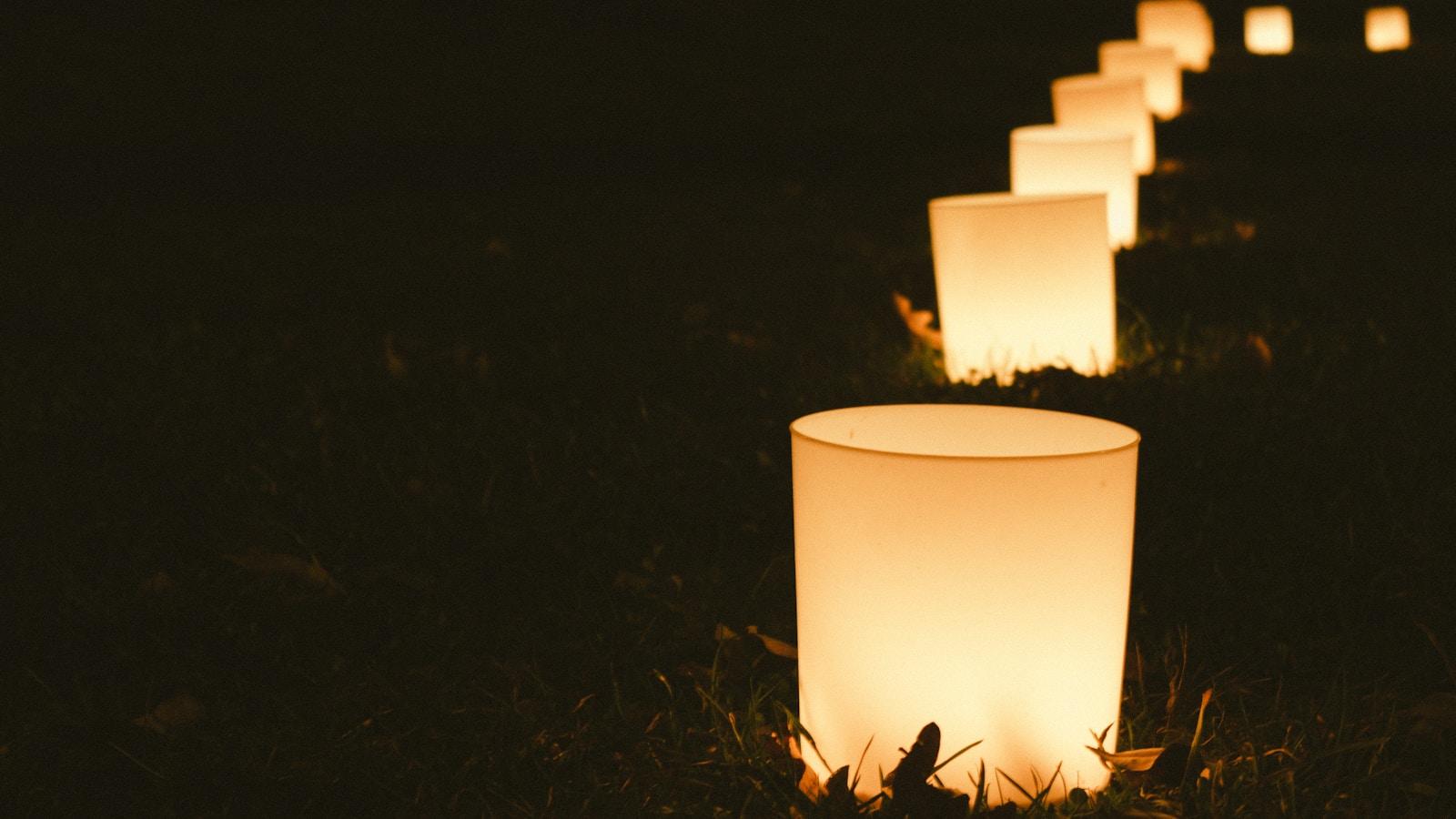 Fila de luminárias de papel acesas sobre a grama, durante a noite