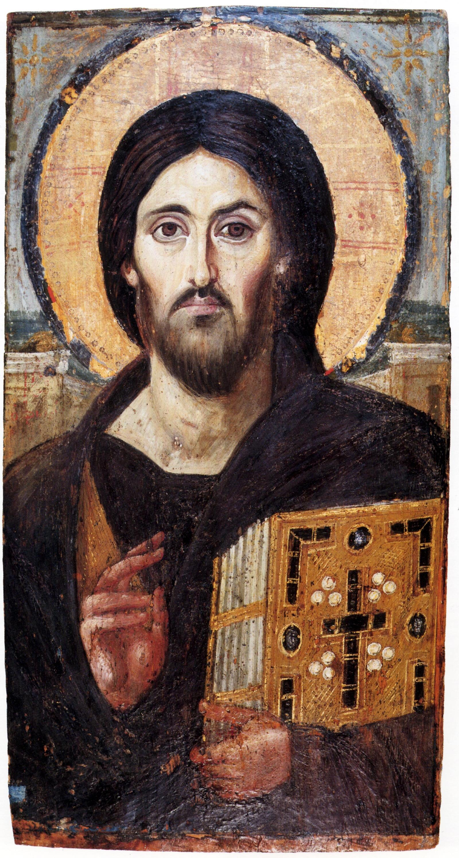Cristo Pantocrator do Sinai: ícone do século VI com o Evangelho na mão esquerda e a direita em bênção.