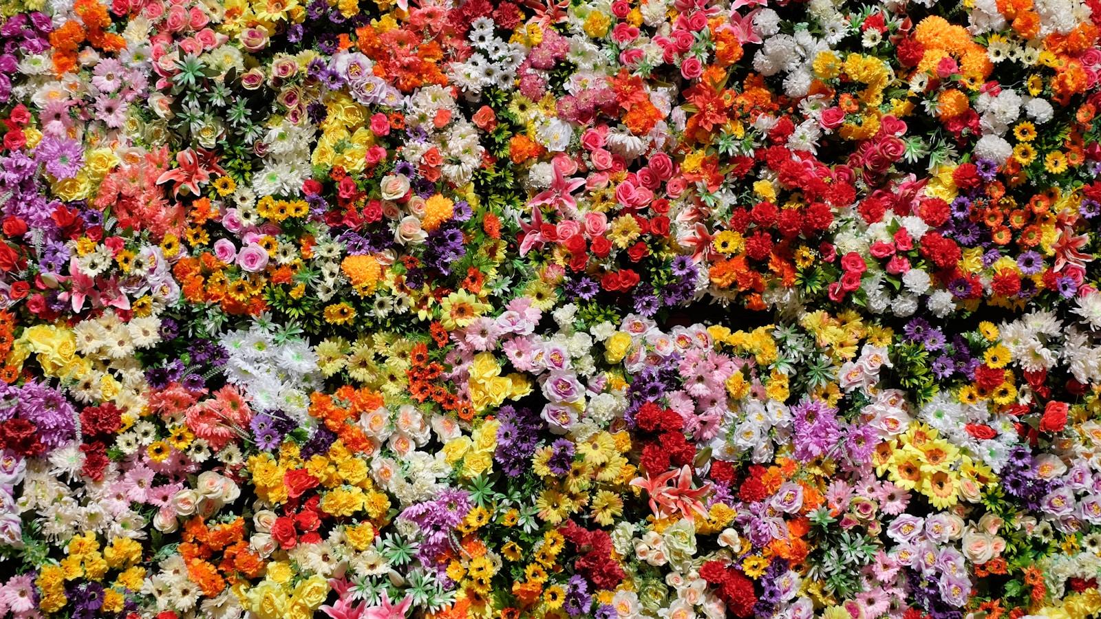 Painel coberto de flores de muitas cores, visto de perto
