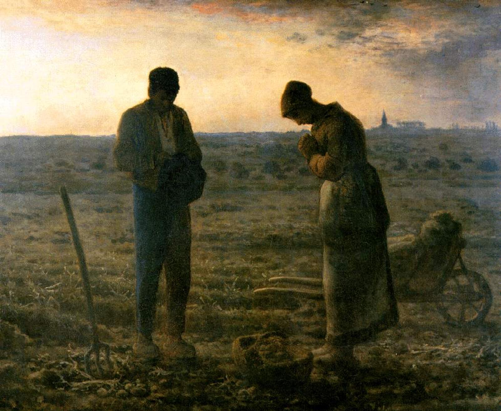 O Angelus de Millet: um casal de camponeses interrompe o trabalho no campo para rezar ao entardecer.
