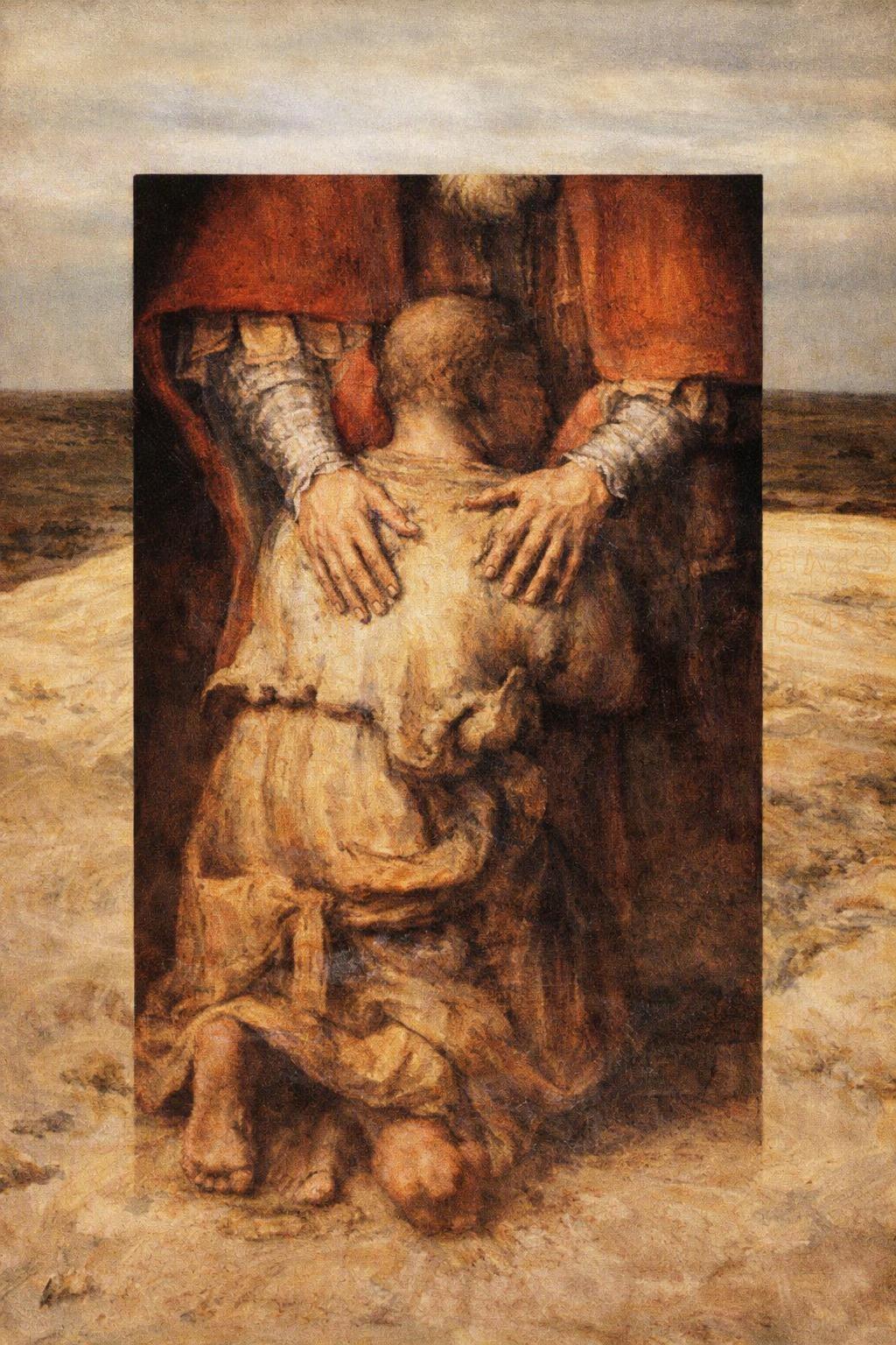Detalhe de “O Retorno do Filho Pródigo”, de Rembrandt: as mãos do pai pousadas sobre as costas do filho ajoelhado.