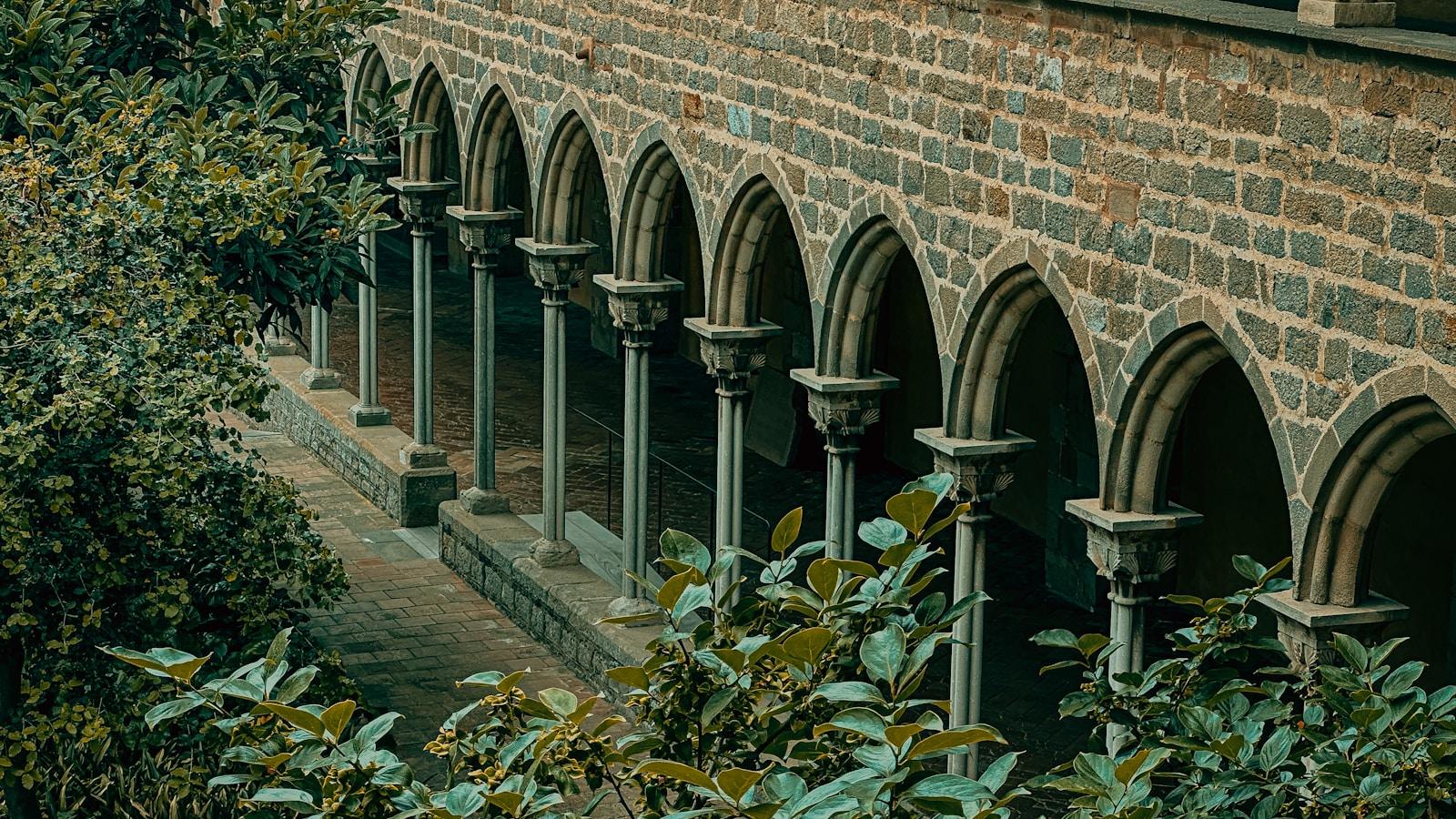 Galeria de claustro com arcos góticos de pedra, vista entre a folhagem