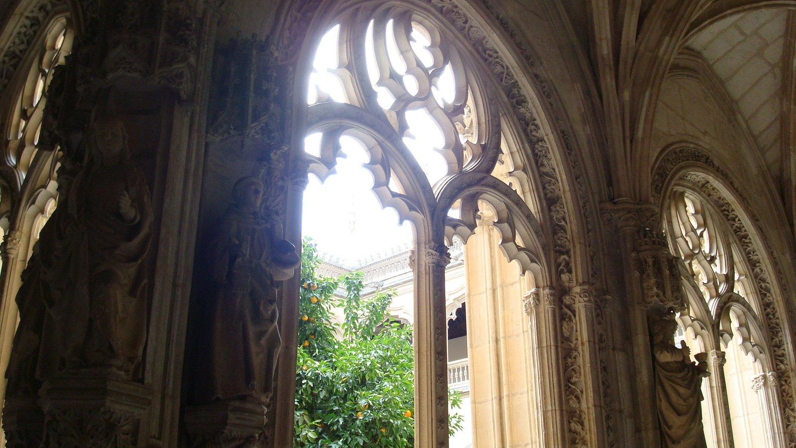 Janela gótica de um claustro, com uma laranjeira ao fundo