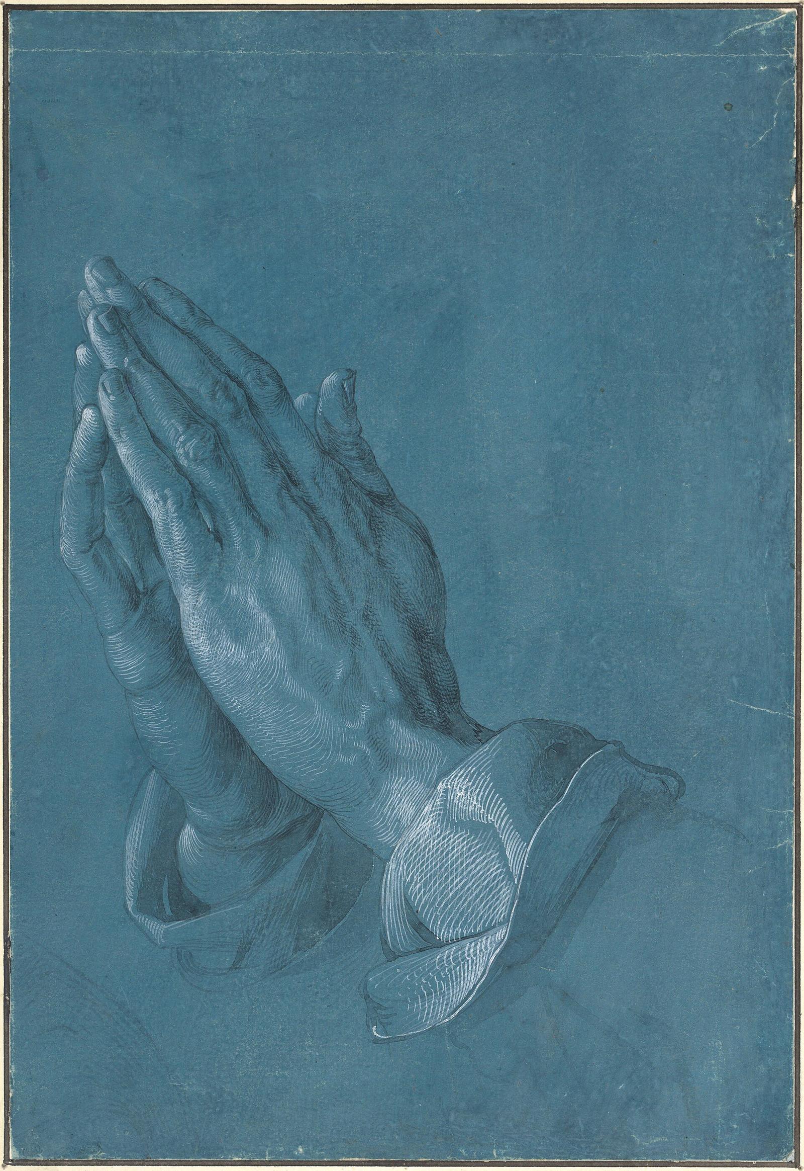 Desenho de Dürer: duas mãos postas em oração sobre fundo azul.