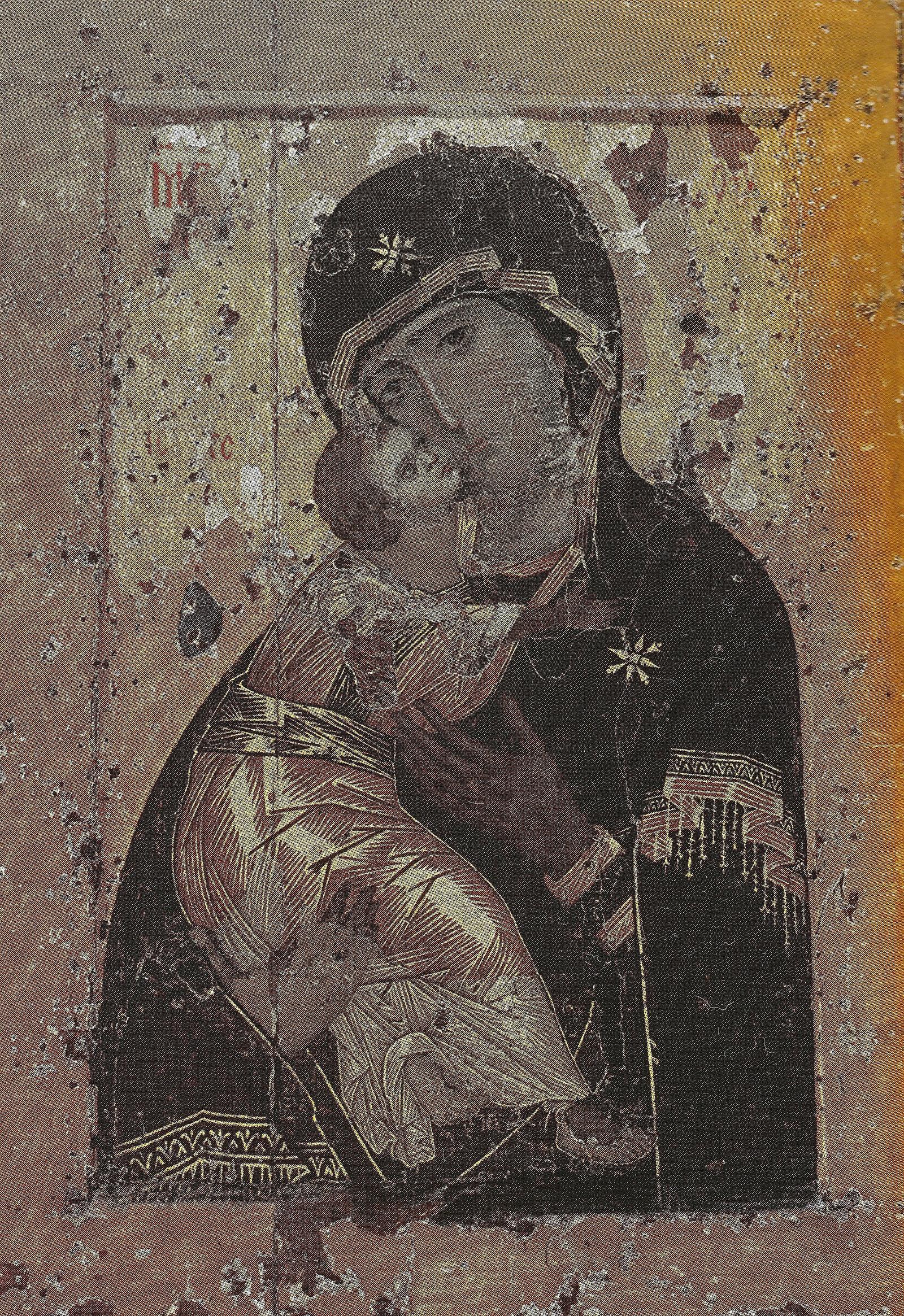 Ícone da Virgem de Vladimir: o Menino Jesus encosta o rosto no rosto da Mãe de Deus.