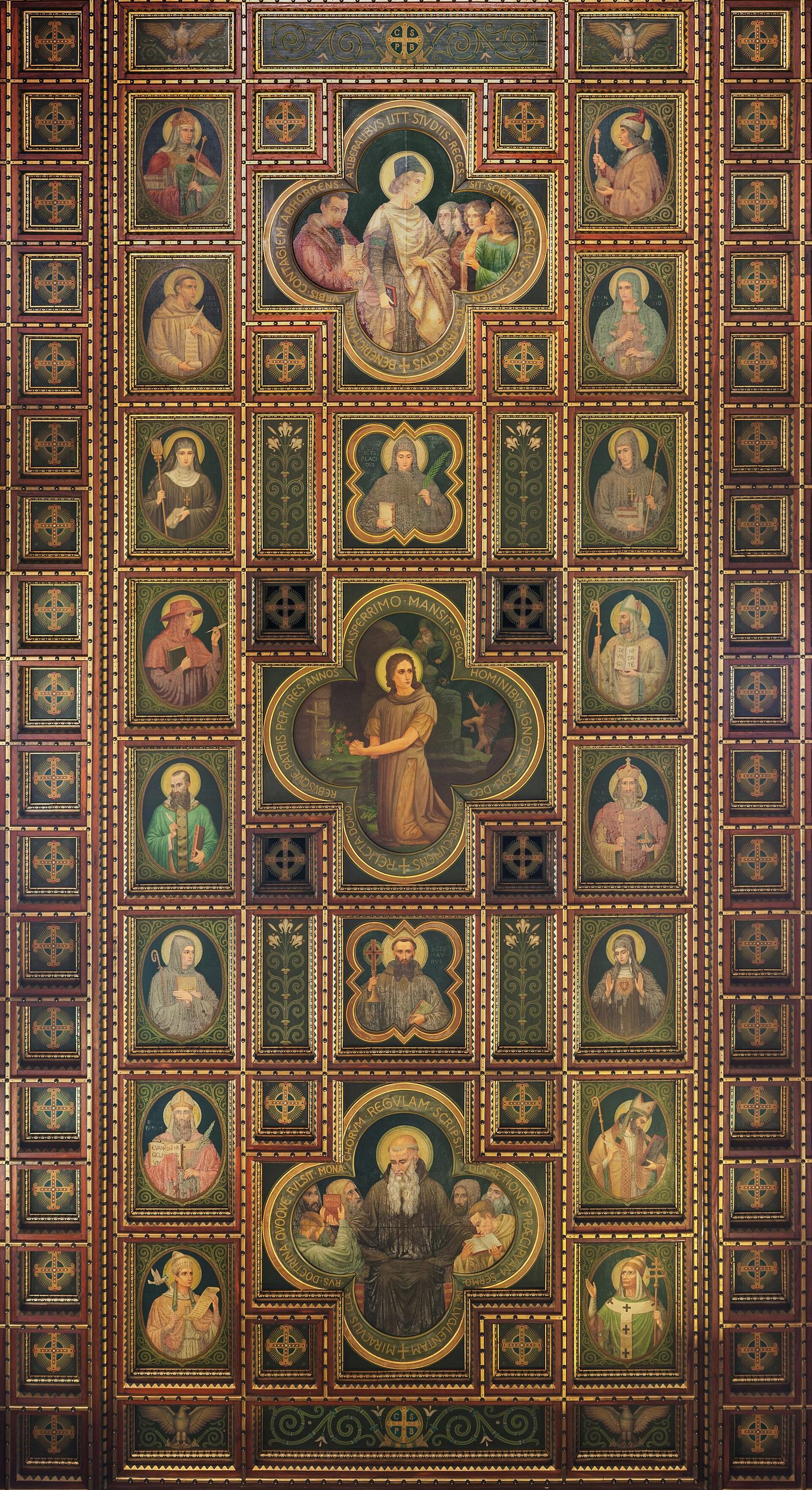 O teto pintado da igreja do Mosteiro de São Bento de São Paulo, com santos beneditinos em medalhões.