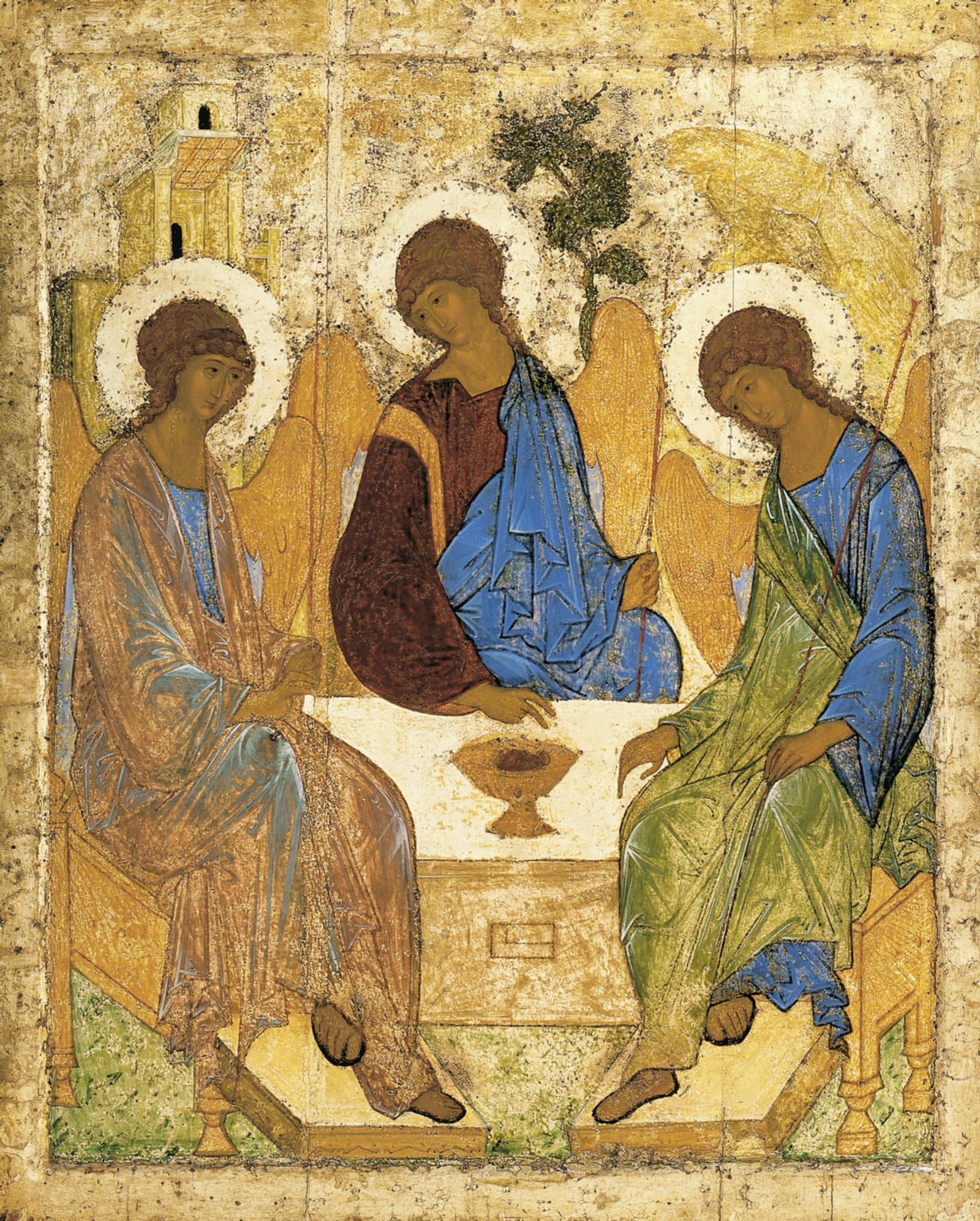 Ícone "A Trindade", de Andrei Rublev: os três anjos sentados à mesa em torno do cálice, sob a árvore de Mambré.