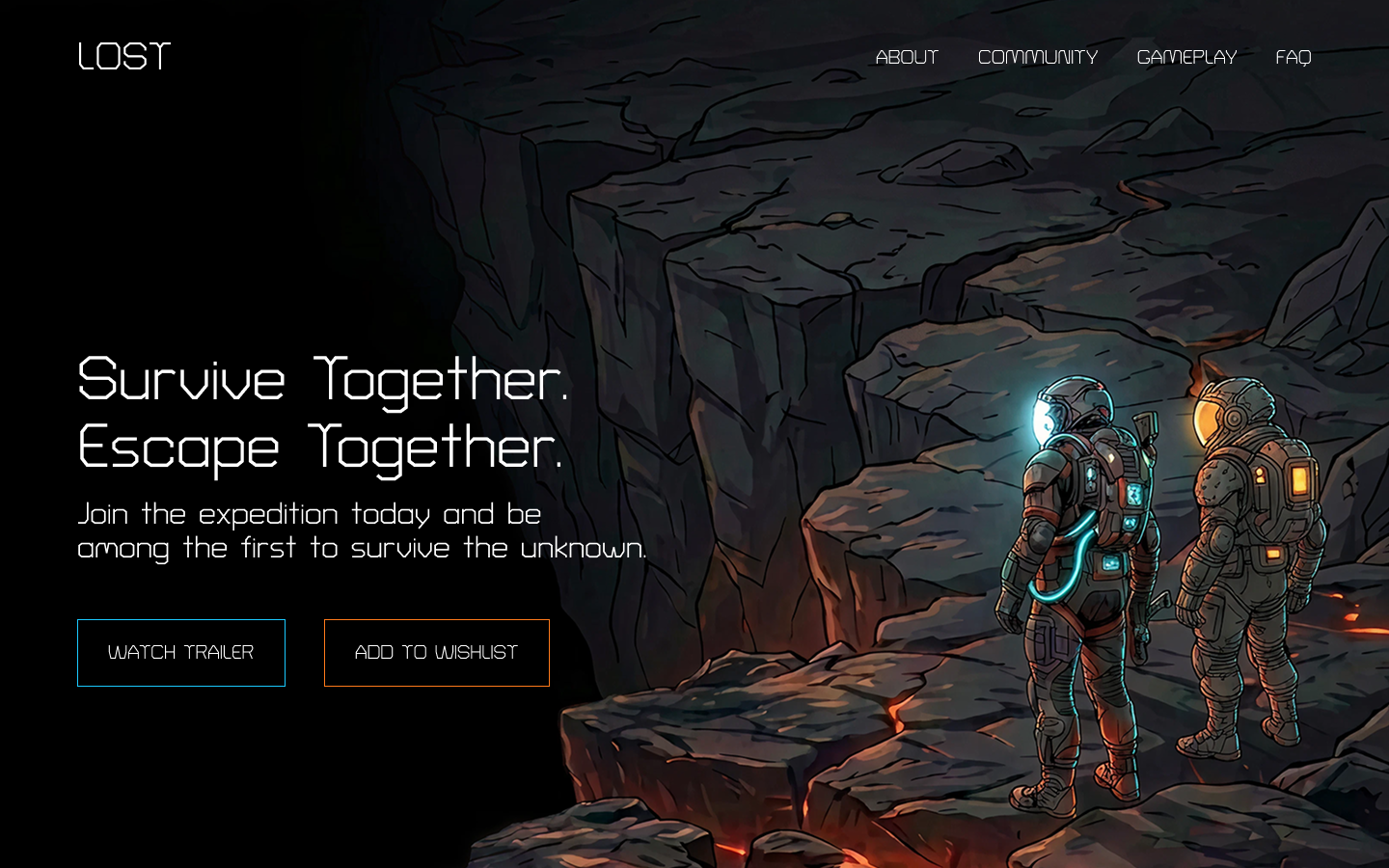 Home page for the fictional game Lost: two astronauts stand at the edge of a rocky chasm lit from below, beside the headline Survive Together, Escape Together and buttons to watch the trailer or add the game to a wishlist.