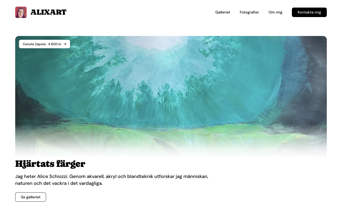 Home page of the Alixart art portfolio: a wide turquoise watercolour landscape above the heading Hjärtats färger, a short introduction to the artist and a button through to her gallery.