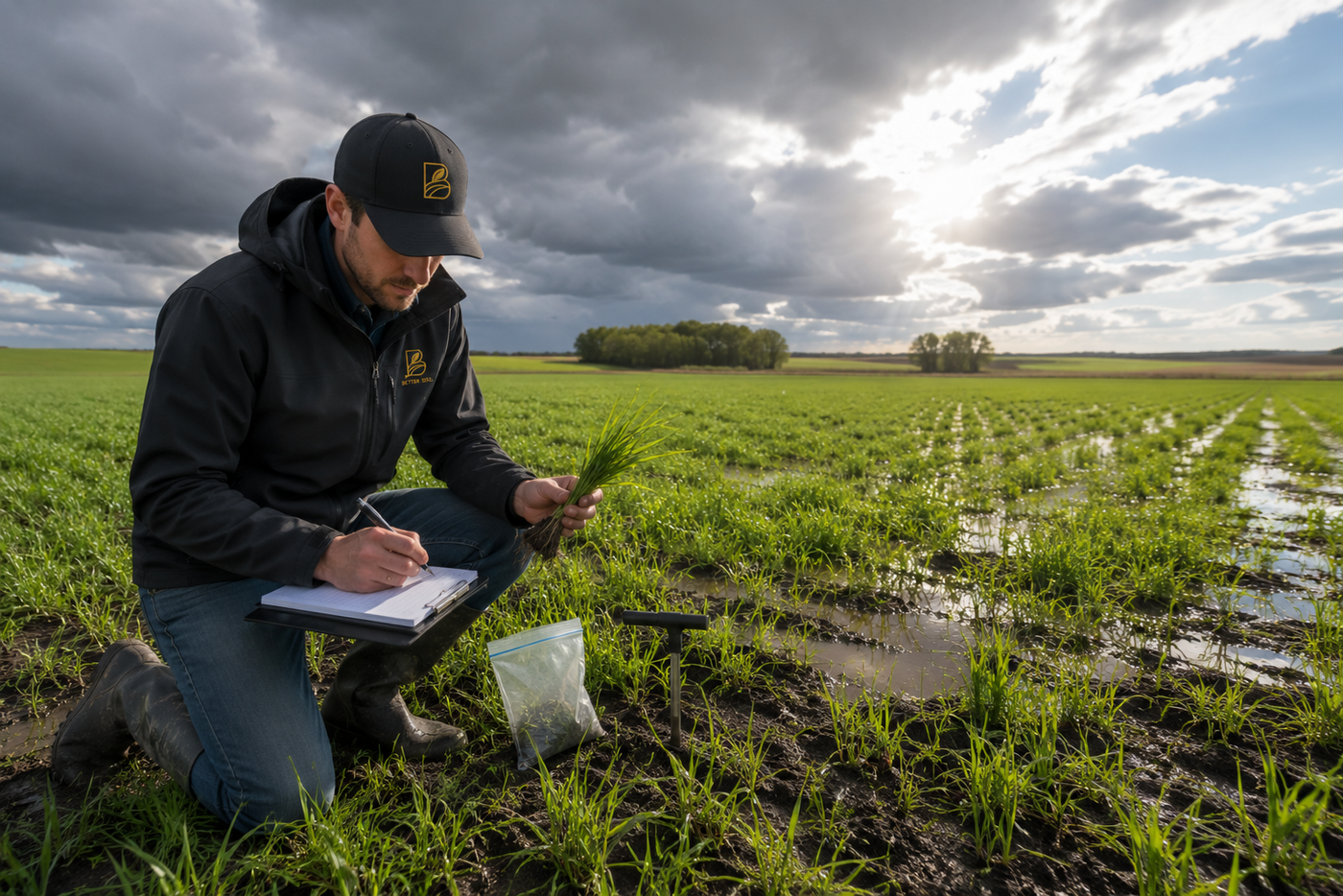Agronomist scouting a cereal field after heavy rainfall to assess crop recovery, nutrient status, and foliar application timing.