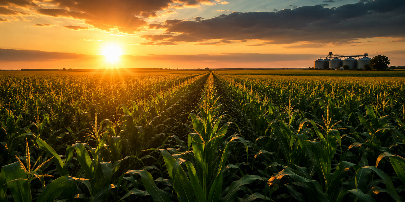 Wide cinematic view of a healthy Alberta corn field at sunset during the 2026 growing season