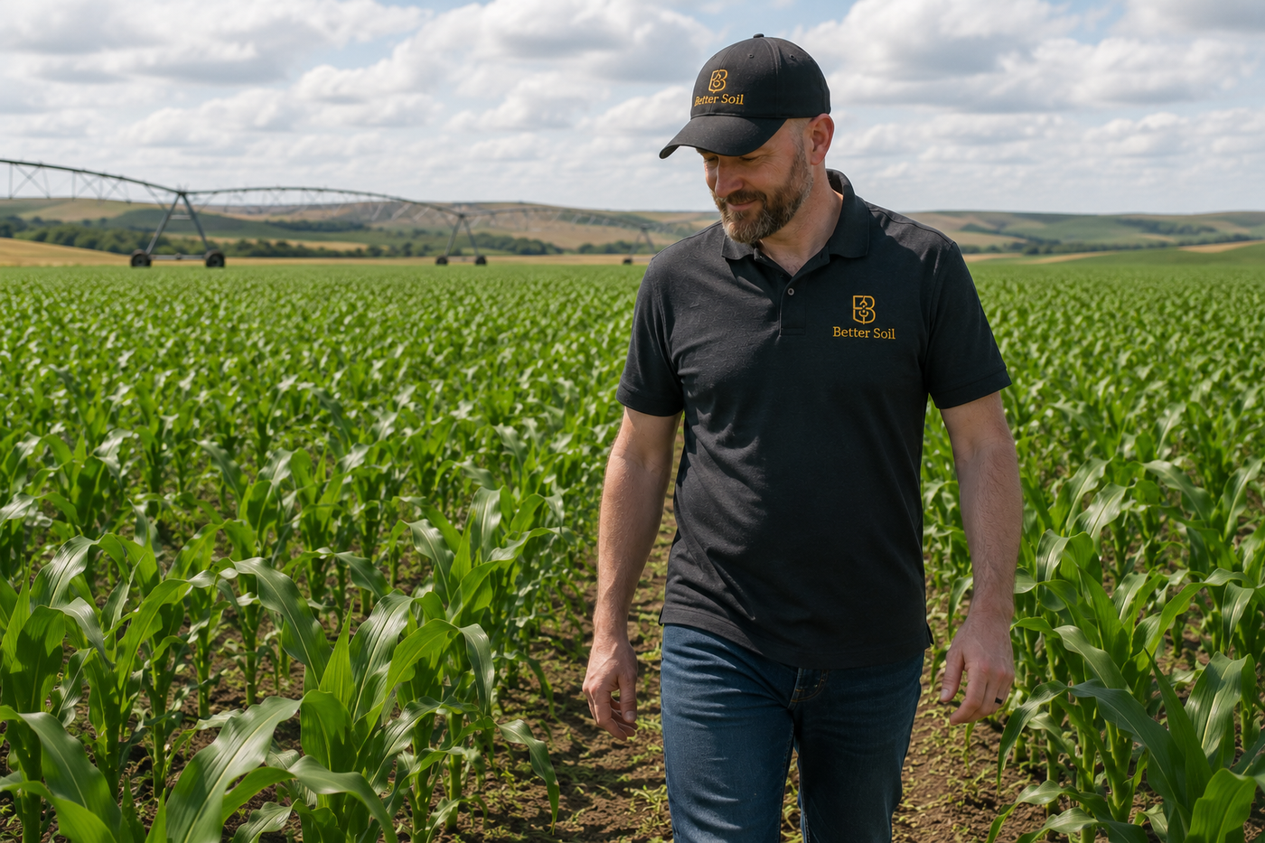 Agronomist walking through an irrigated corn field in Southern Alberta during the growing season