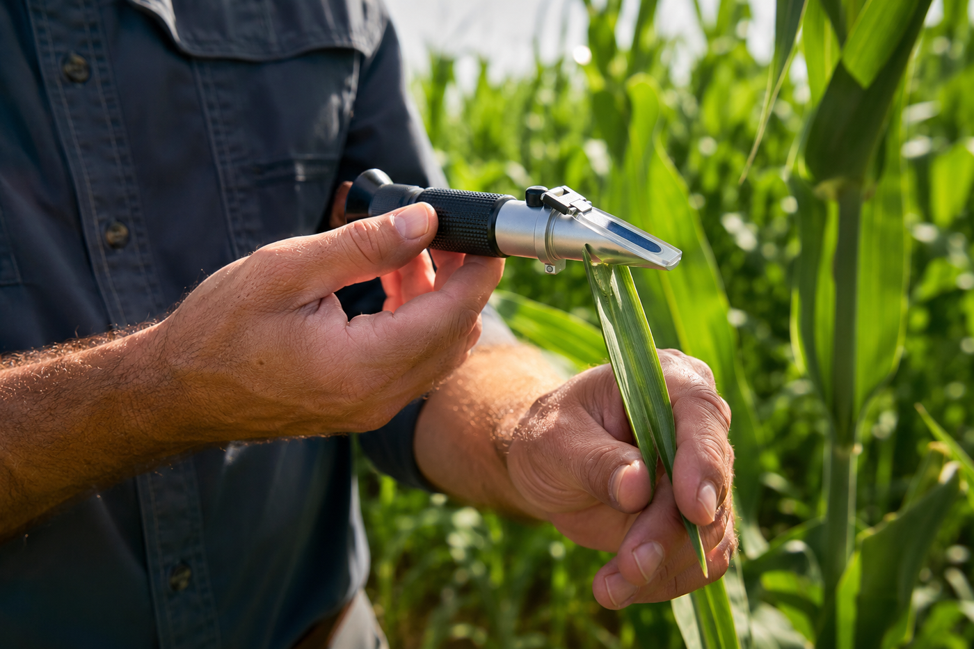 Agronomist using a handheld refractometer to measure Brix levels in corn leaf sap.