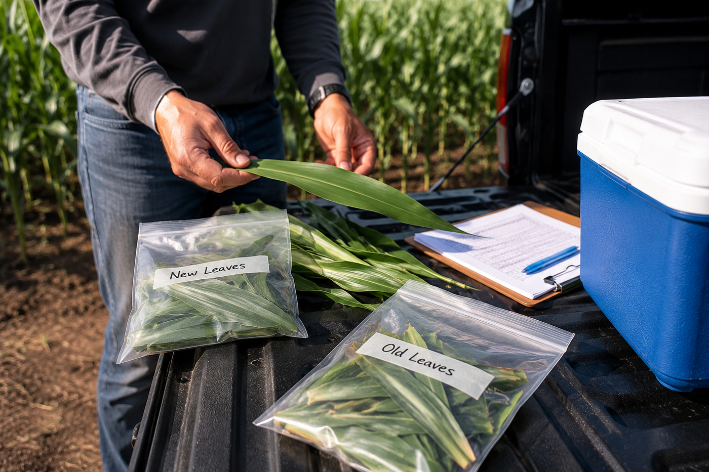 Agronomist collecting and labeling new and old corn leaf samples for SAP nutrient analysis.