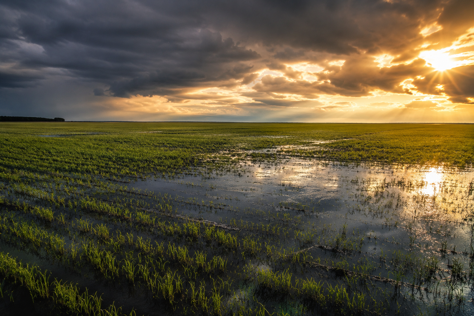 Standing water in a Southern Alberta crop field after heavy rainfall, illustrating soil saturation, nutrient loss risk, and crop stress.