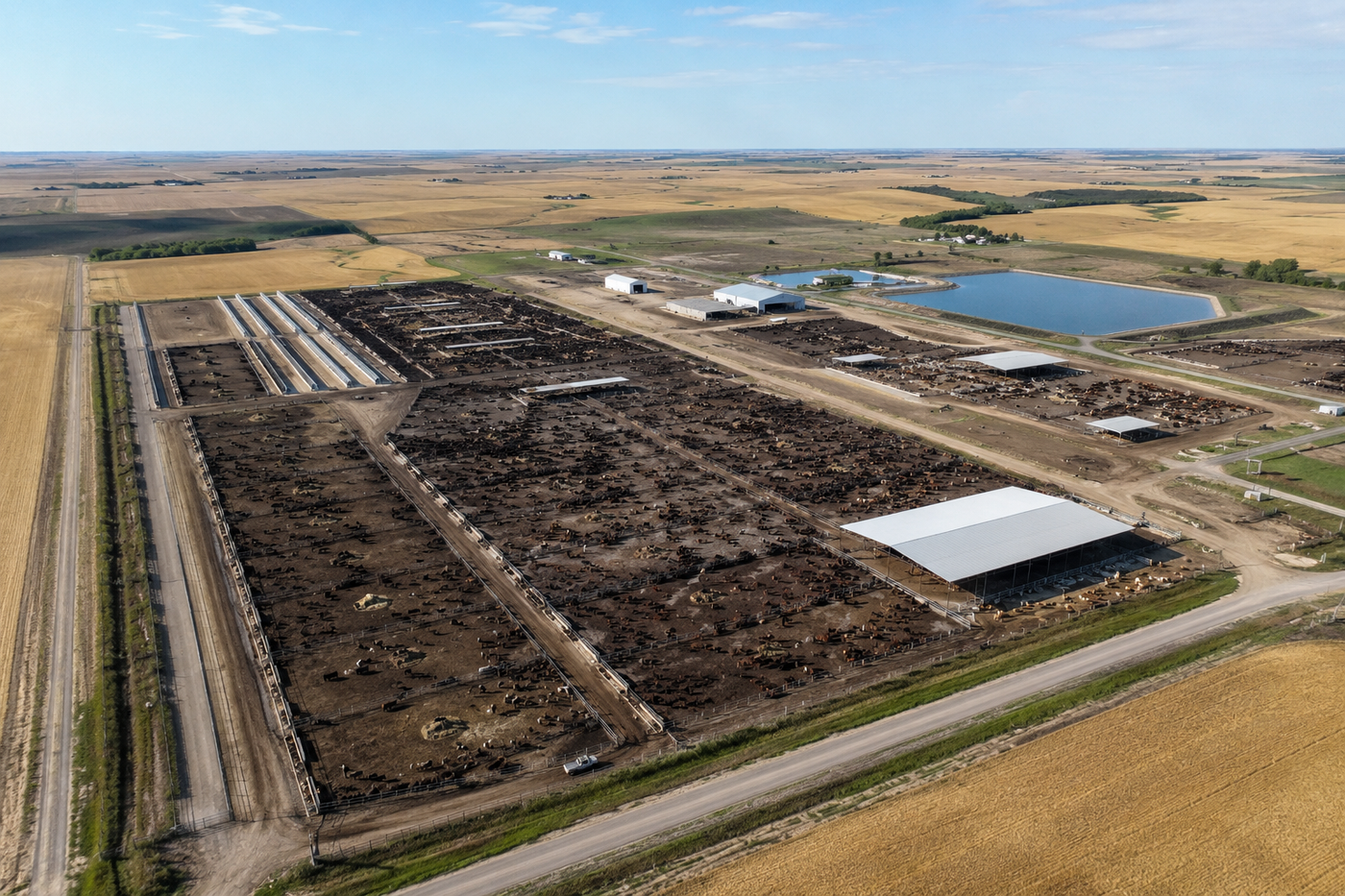 Aerial view of a large Southern Alberta cattle feedlot surrounded by prairie farmland